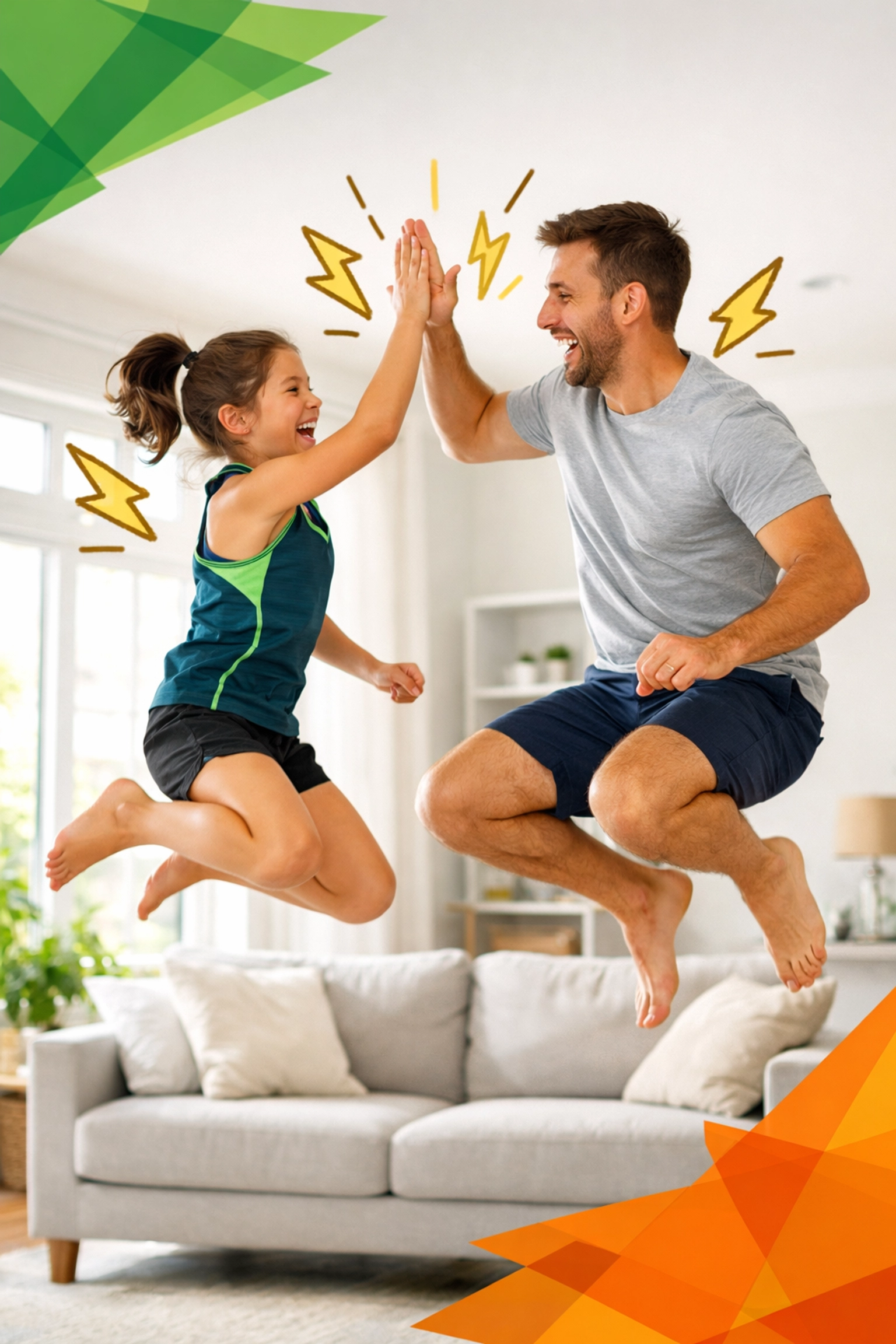 Father and daughter high-fiving during a morning exercise routine to improve focus and energy levels.