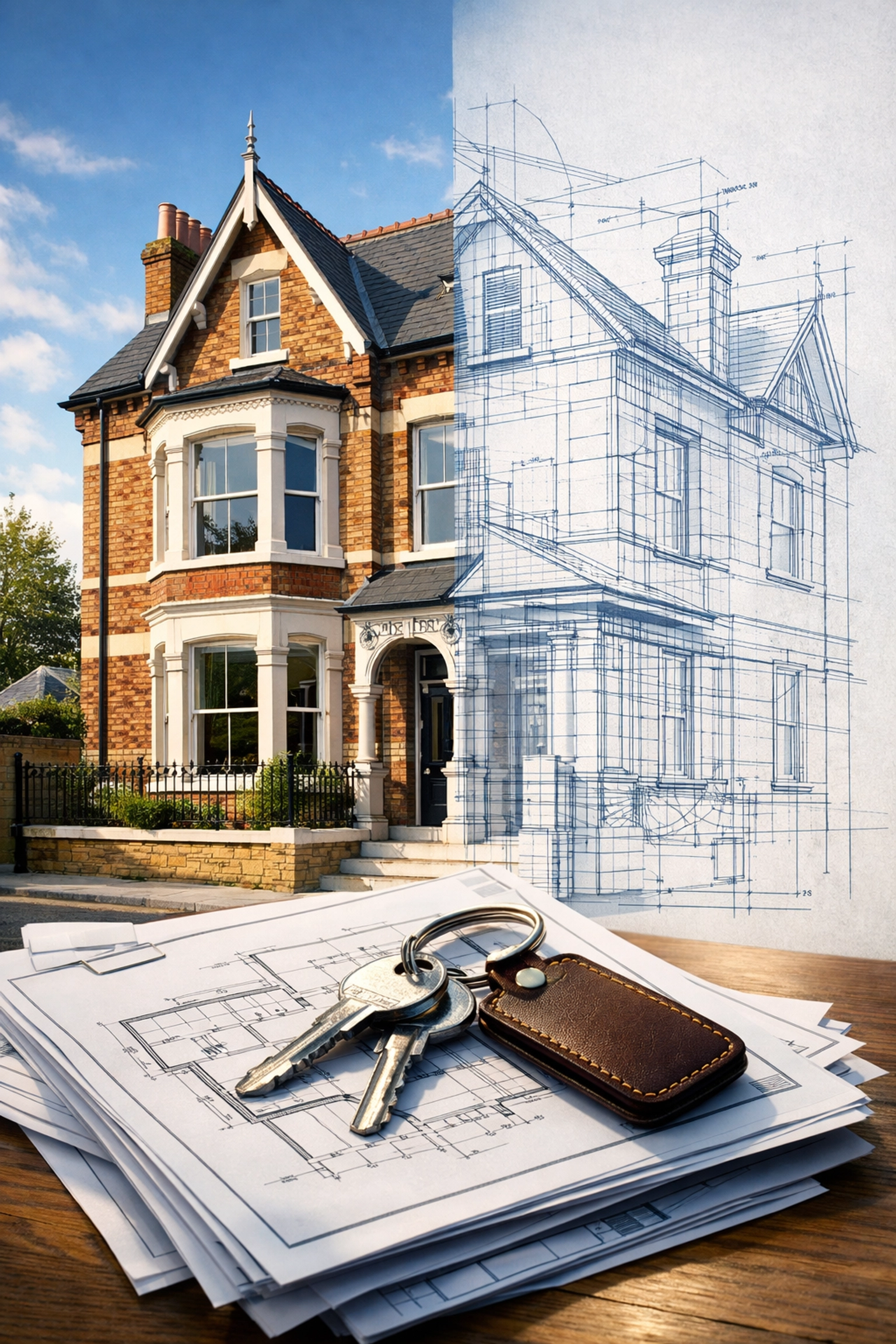 Traditional UK Victorian townhouse with property keys and blueprints highlighting buyer due diligence.