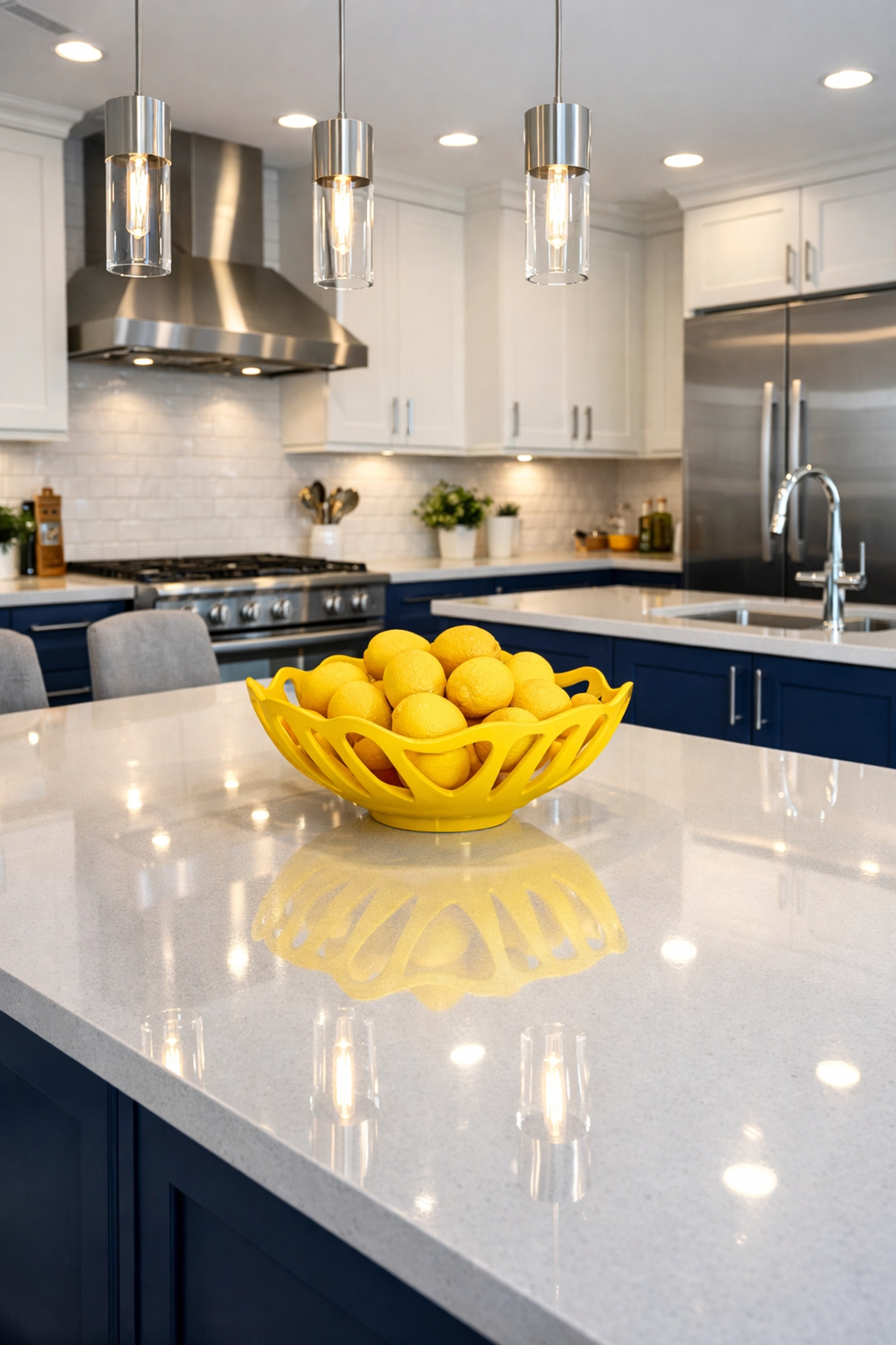 Professional deep cleaning in Southborough kitchen with spotless quartz countertops and bright blue cabinets.