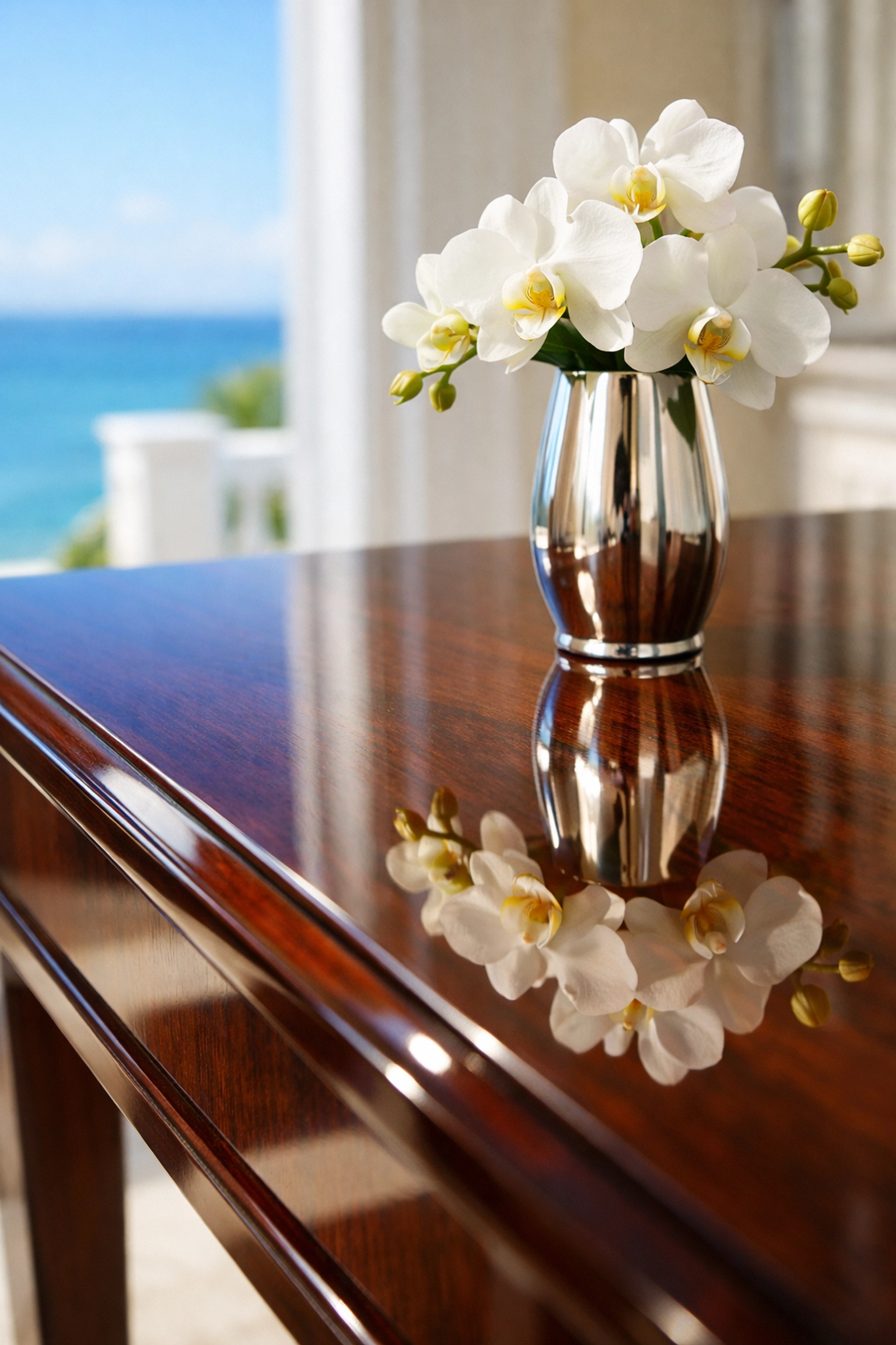 Polished mahogany table in a Manchester-by-the-Sea estate, free of salt film and dust.