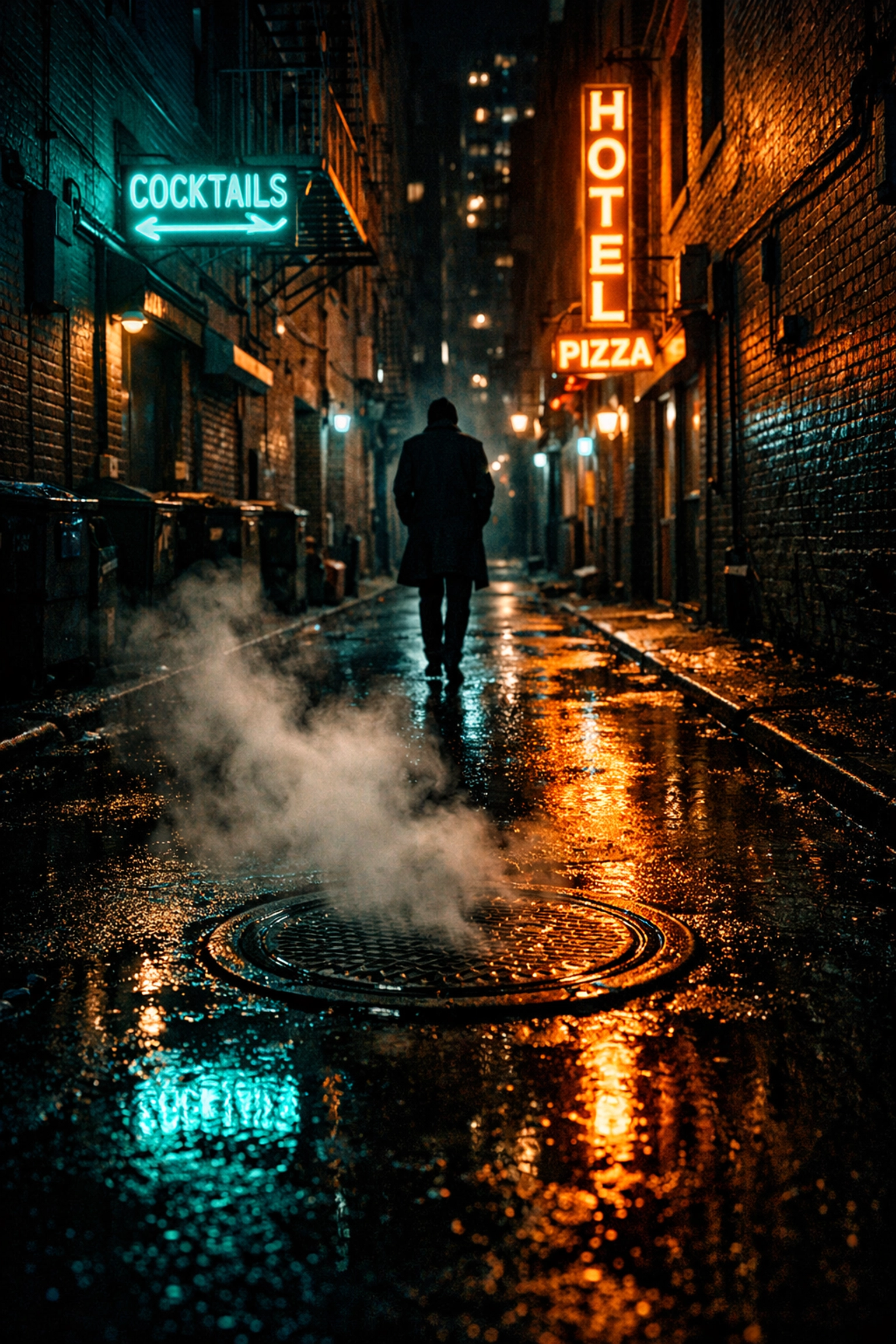 Atmospheric night street photography showing a dark alleyway with neon light reflections on wet pavement.