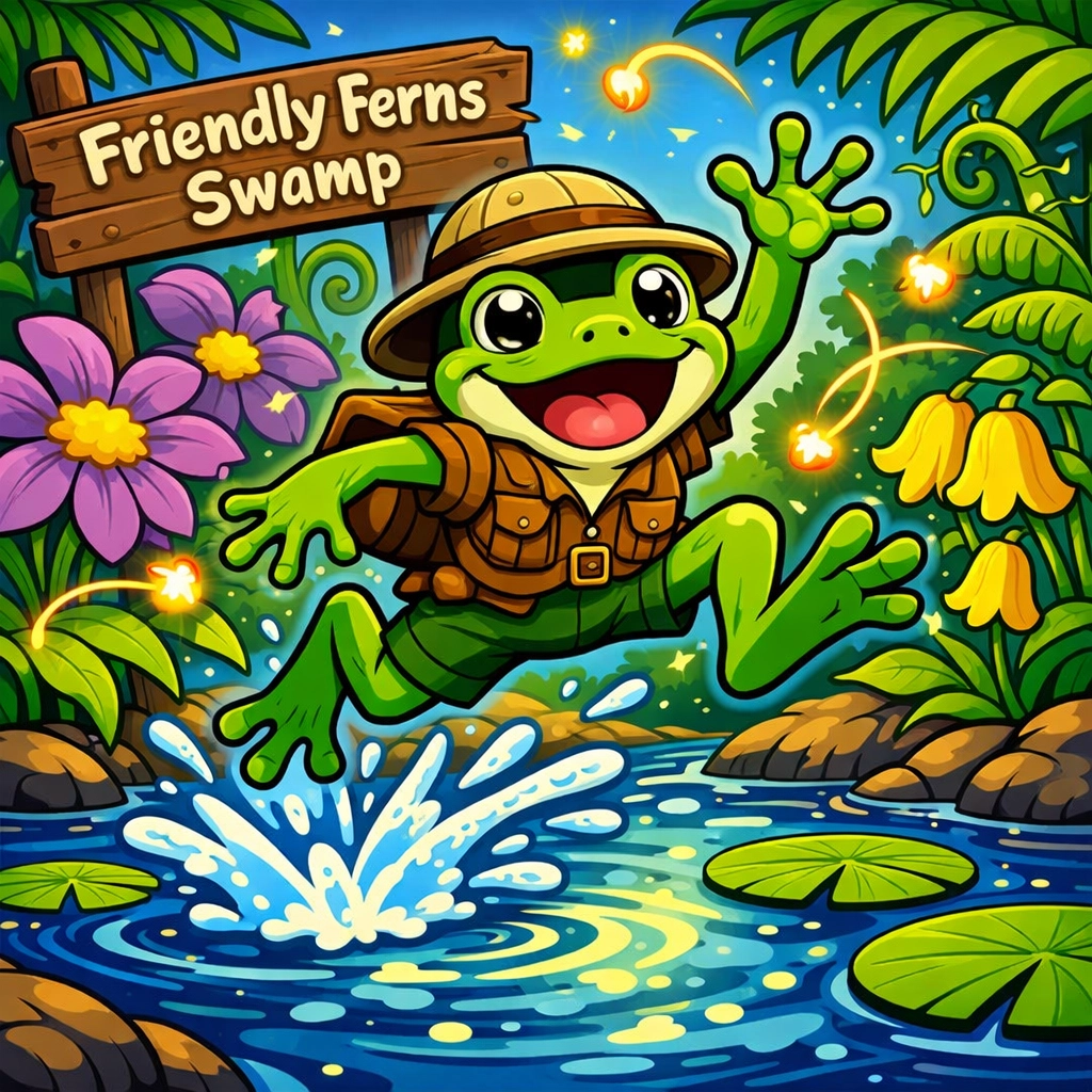 Energetic Zoomy Frog character leaping in Friendly Ferns Swamp, illustrating the creative superpower of ADHD.