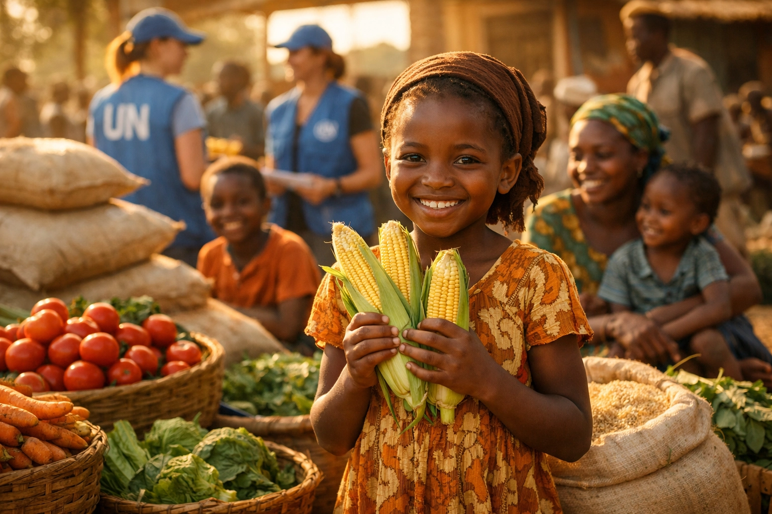 African families receiving fresh produce at UN food distribution center showing global hunger relief progress