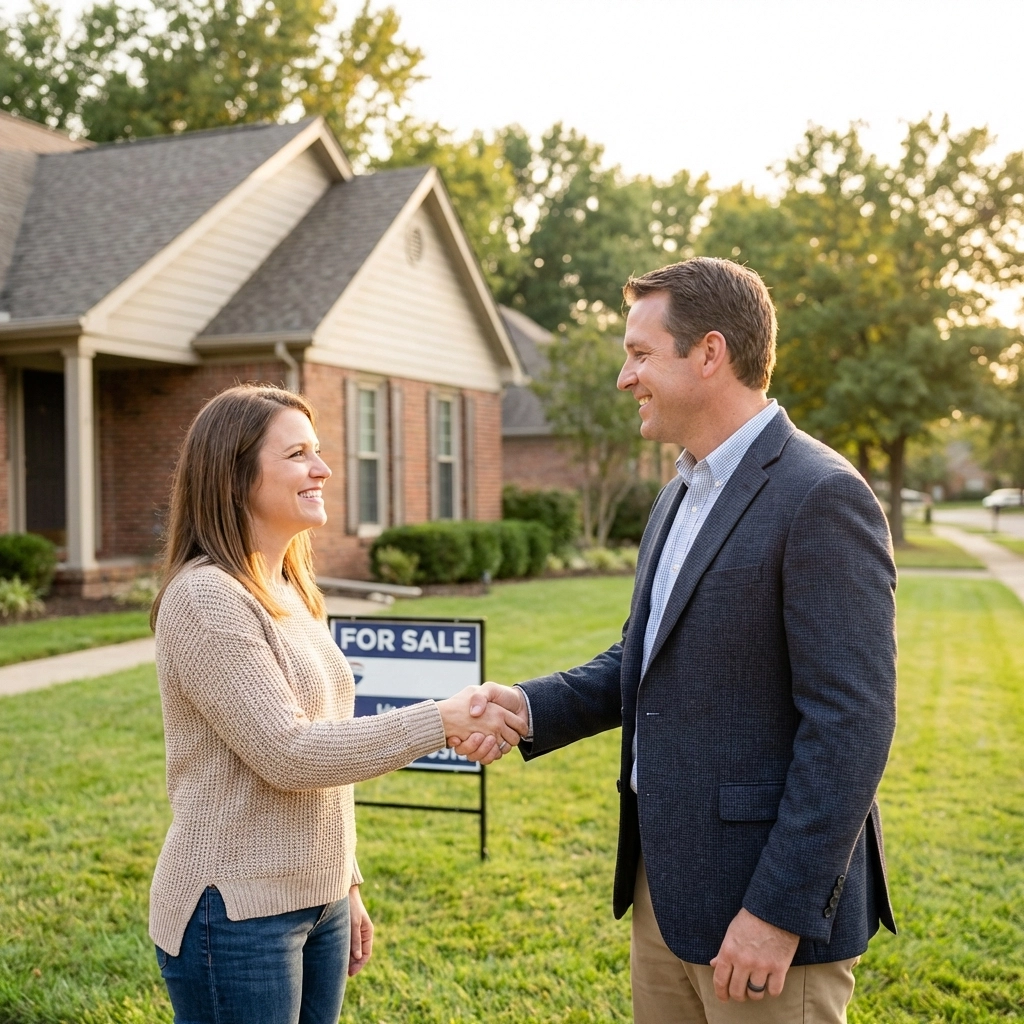 First-time homebuyer shaking hands with a real estate agent outside a South Jersey home with a For Sale sign, showing confidence from clear expectations. First-time homebuyer shaking hands with a real estate agent outside a South Jersey home with a For Sale sign, showing confidence from clear expectations.
