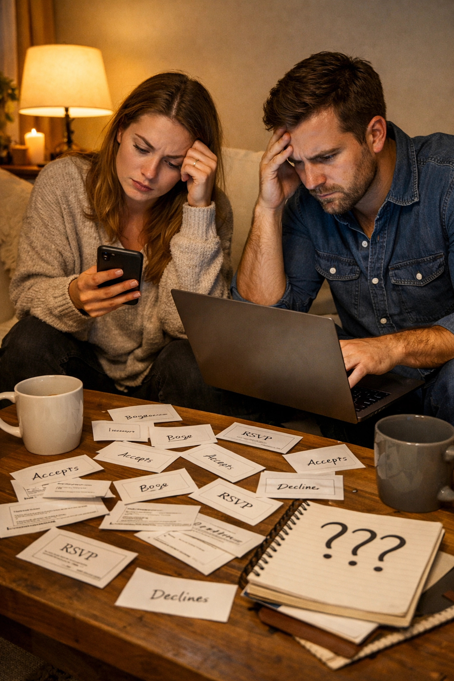Couple tracking wedding RSVPs late at night surrounded by response cards