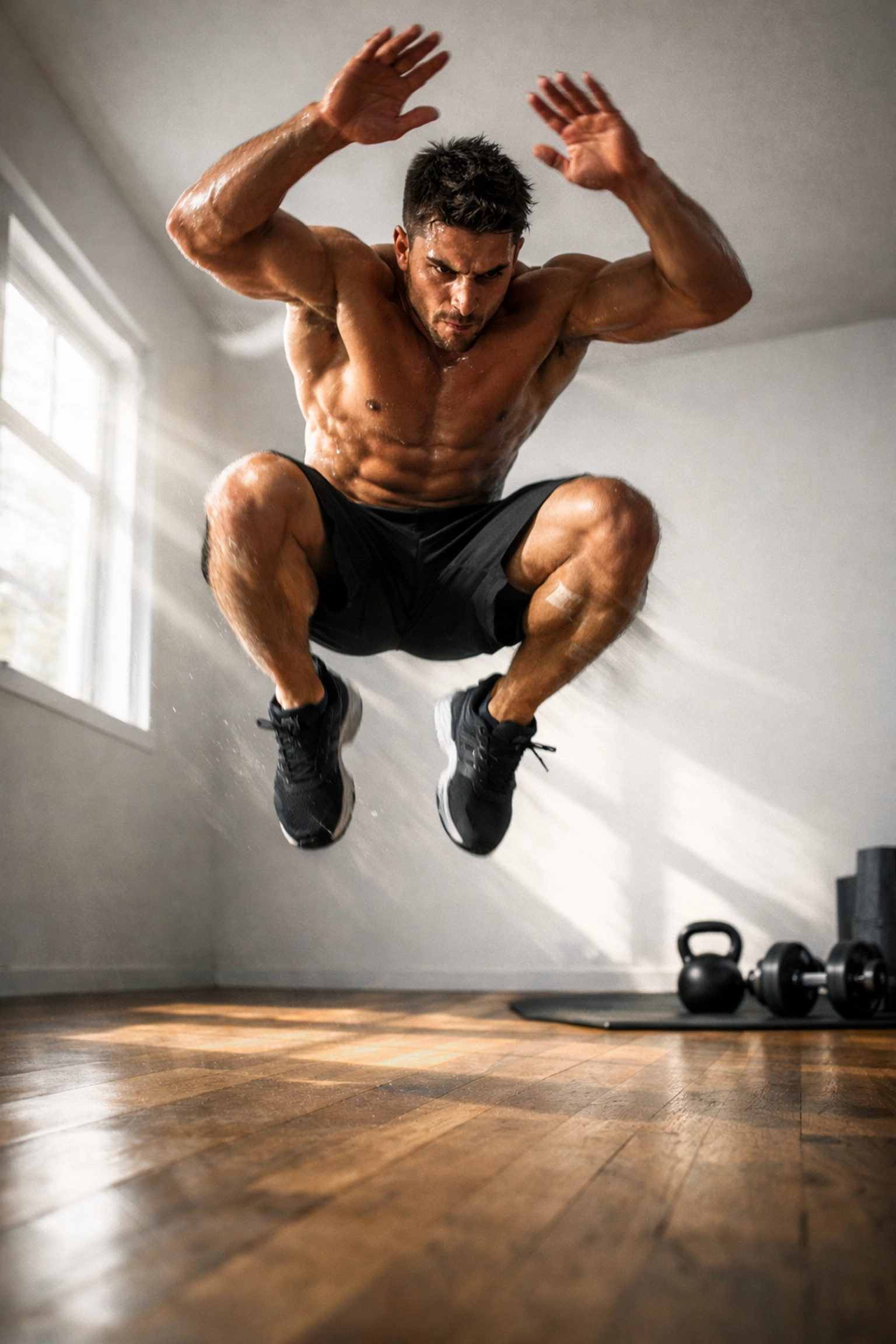 MMA fighter performing explosive burpee in home gym for full body workout