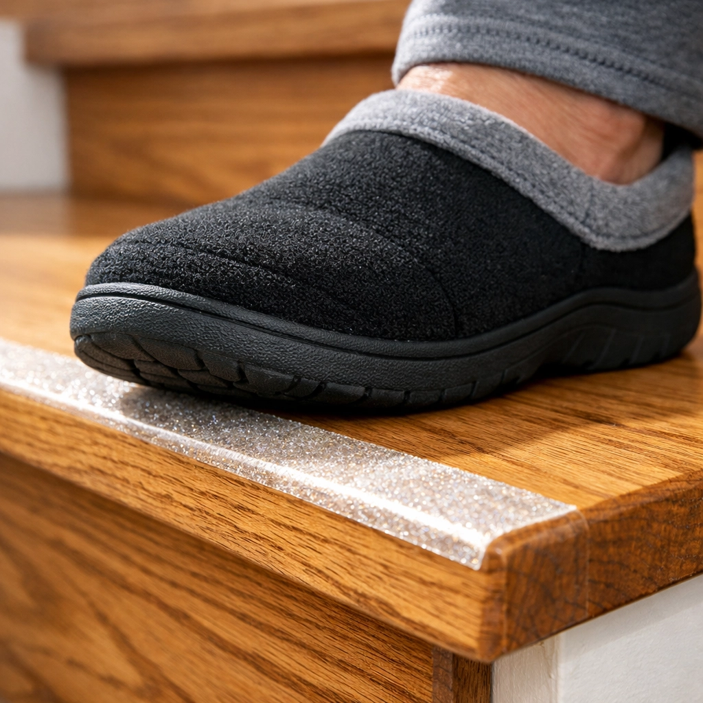 Detailed view of a foot on a wooden step featuring a transparent anti-slip strip for increased grip.