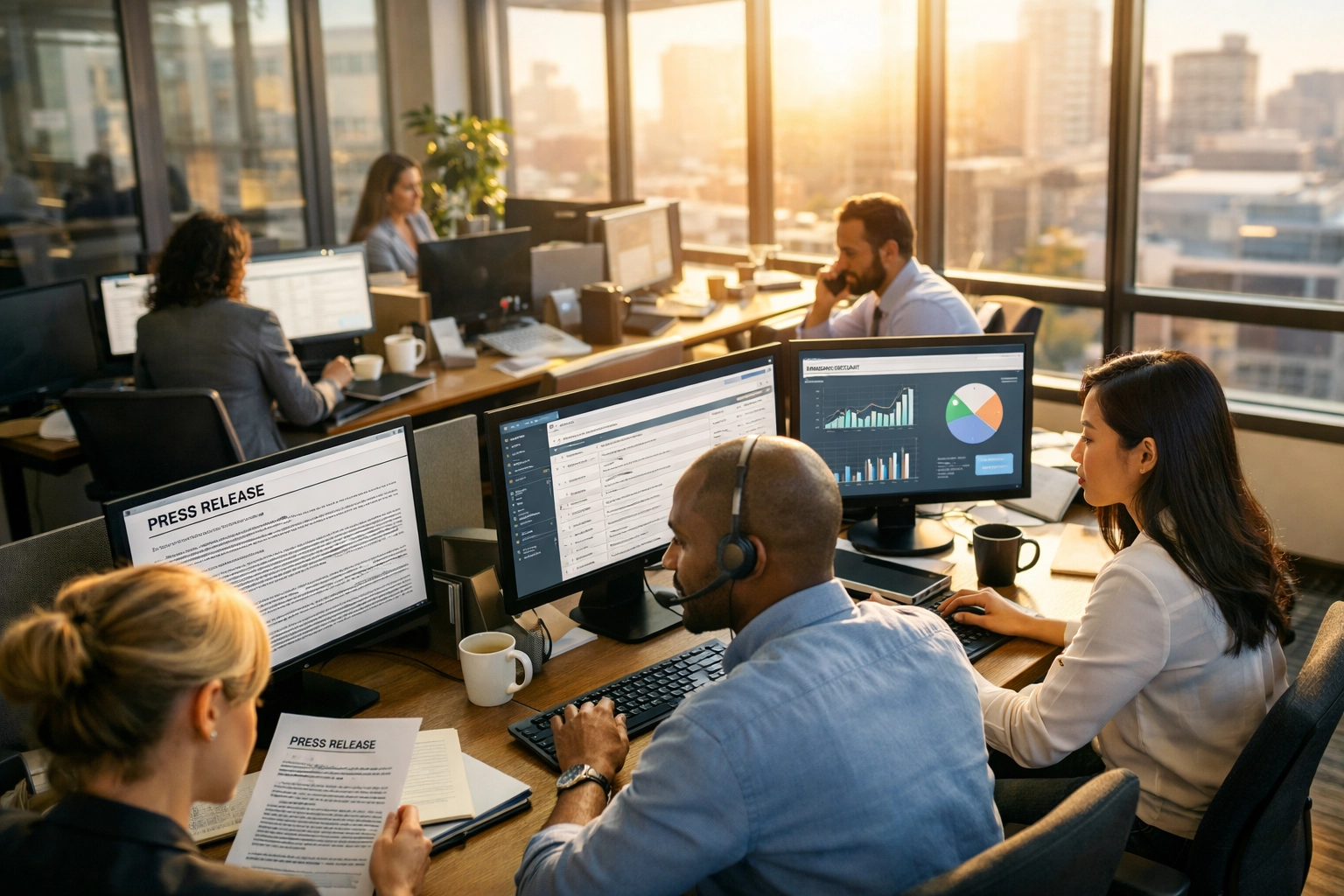 Sports marketing agency team collaborating on multi-company press distribution campaign