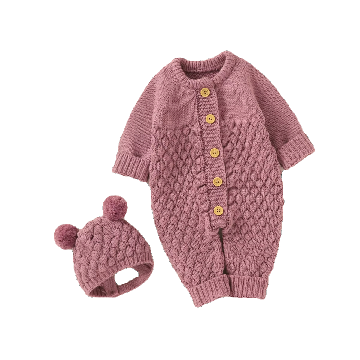 Rosy Dawn knitted jumpsuit set for babies in rose pink, perfect for matching family outfits