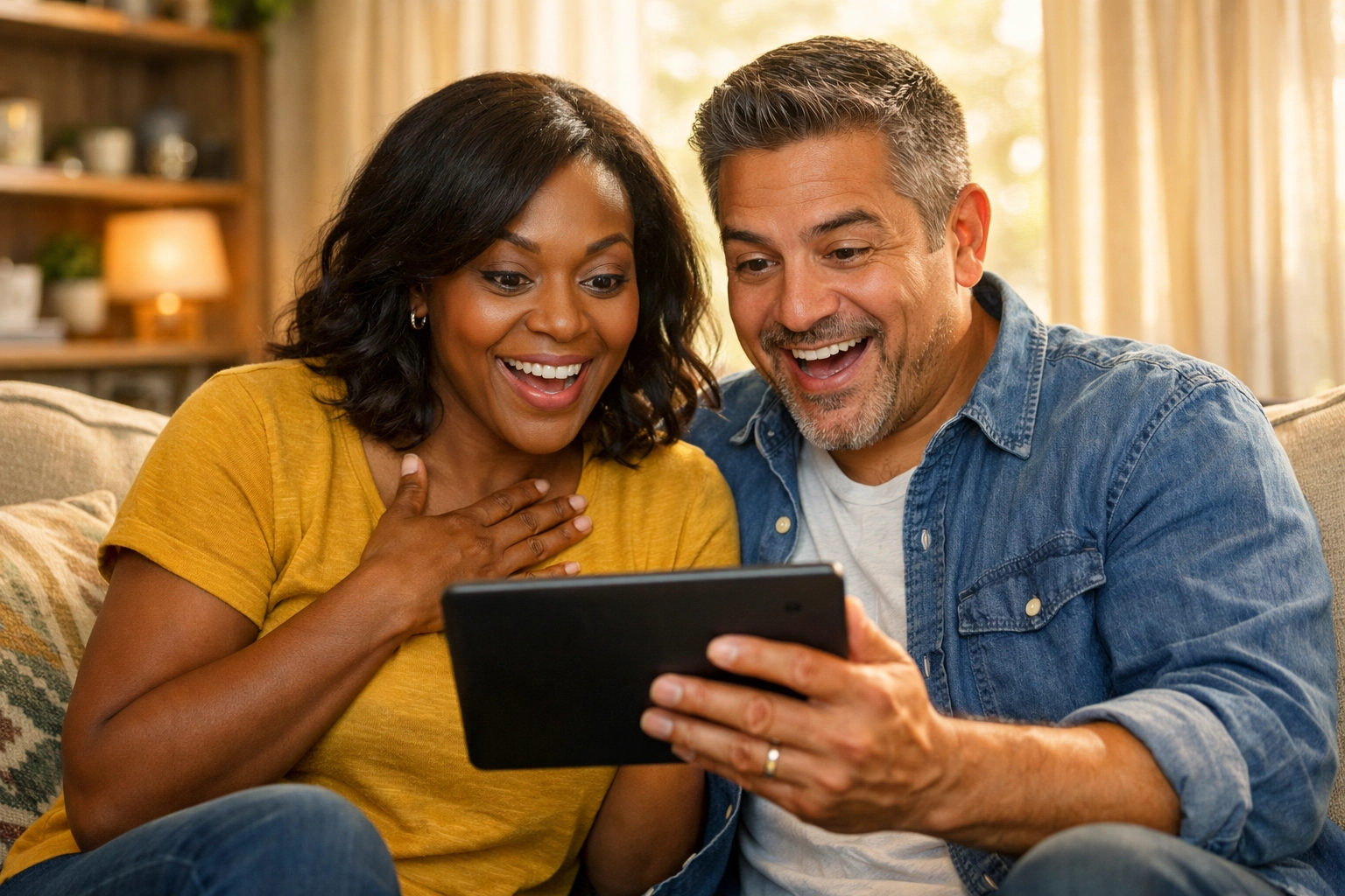 Couple reviewing travel package value and pricing on tablet together