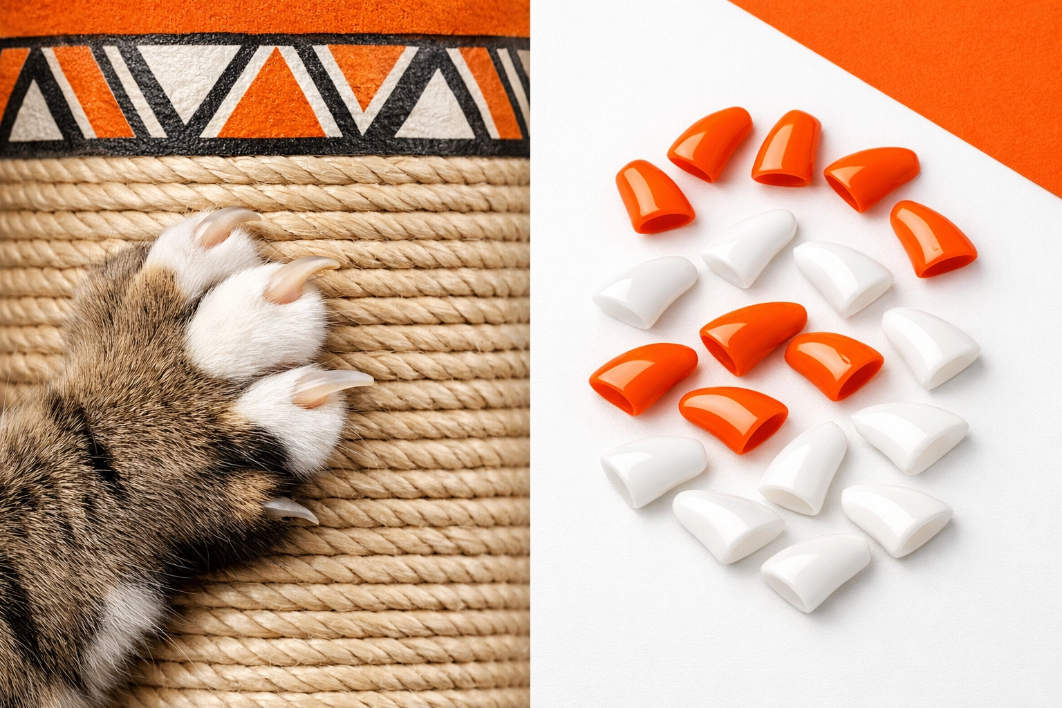 Cat claws on scratching post and colorful nail caps showing humane declaw alternatives