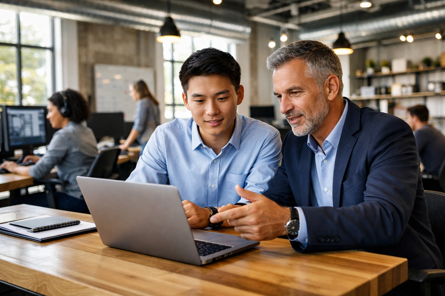 A mentor and student collaborating at a modern technology center for workforce development and digital skills.