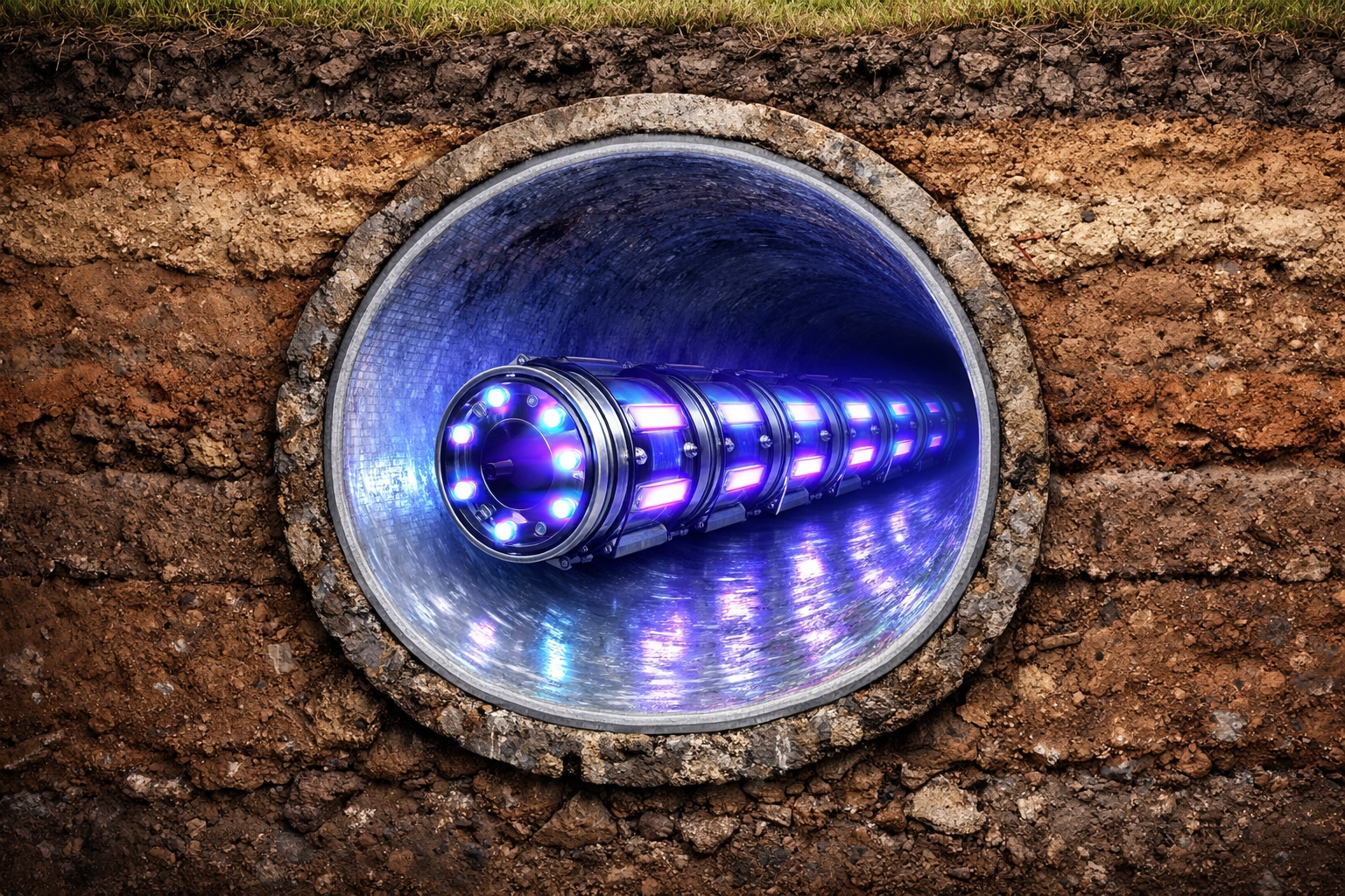 Technician using UV liners and ultraviolet light to cure a new sewer pipe during a trenchless repair in Denver.