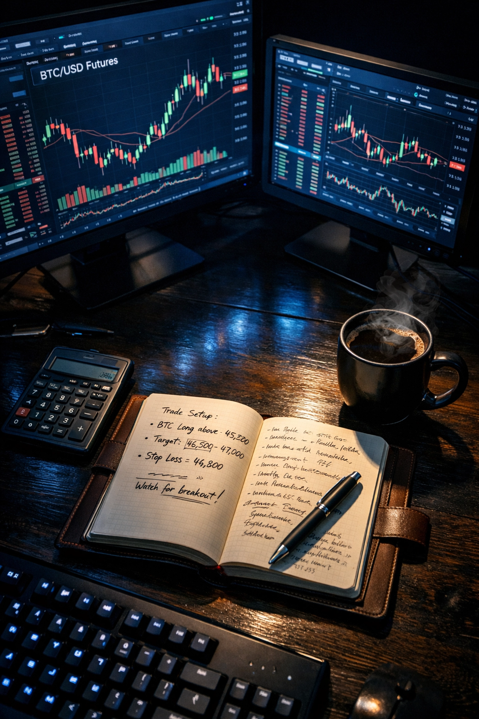 Professional crypto trading desk with futures charts and trading journal for prop firm challenges