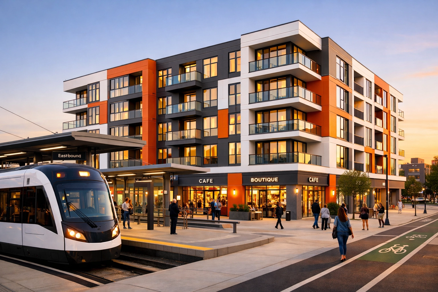 Modern transit-oriented housing development next to California light rail station under SB 79
