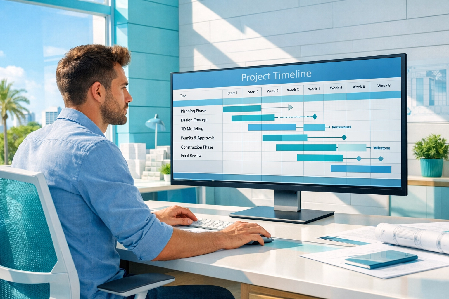 A Florida developer reviews an expedited project timeline for building permit approval in a modern office.