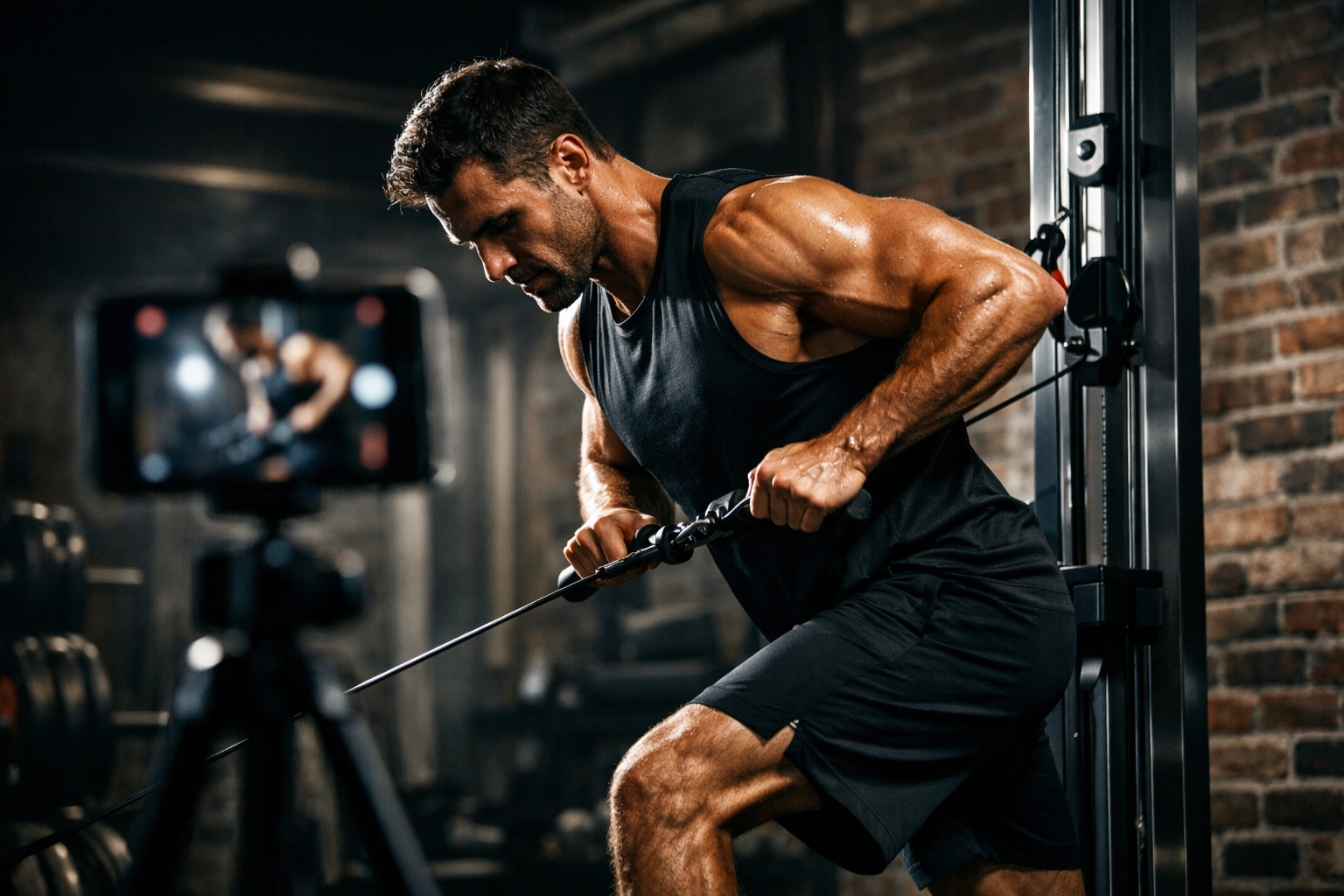 Athlete using a floor to ceiling gym rail for a full body workout at home to ensure perfect form.