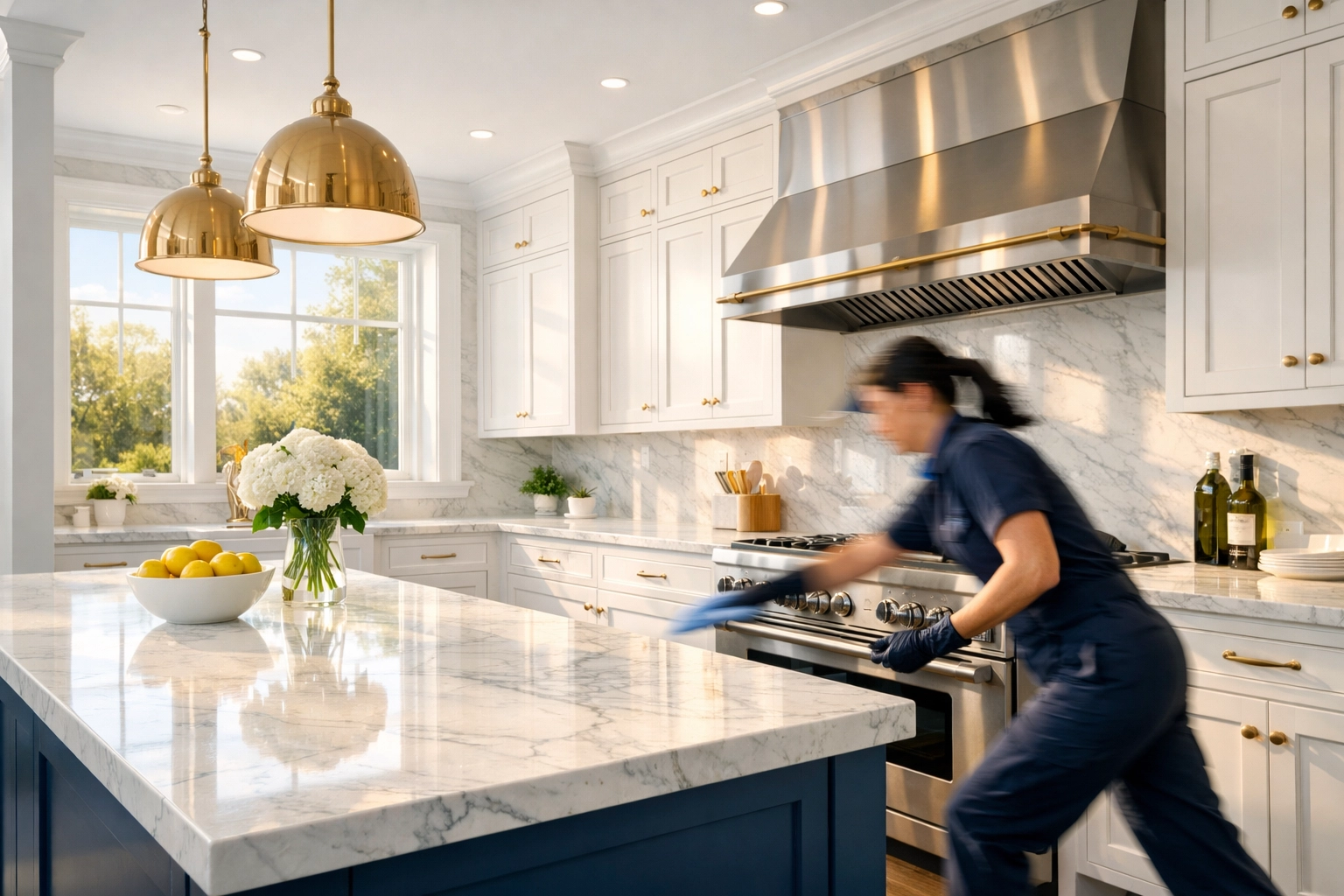 Professional cleaner using Ninja Efficiency for residential cleaning Massachusetts in a luxury kitchen.