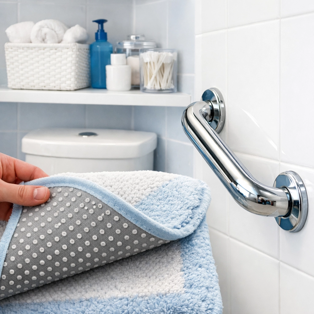 Bathroom safety features with non-slip mat and grab bar for fall prevention