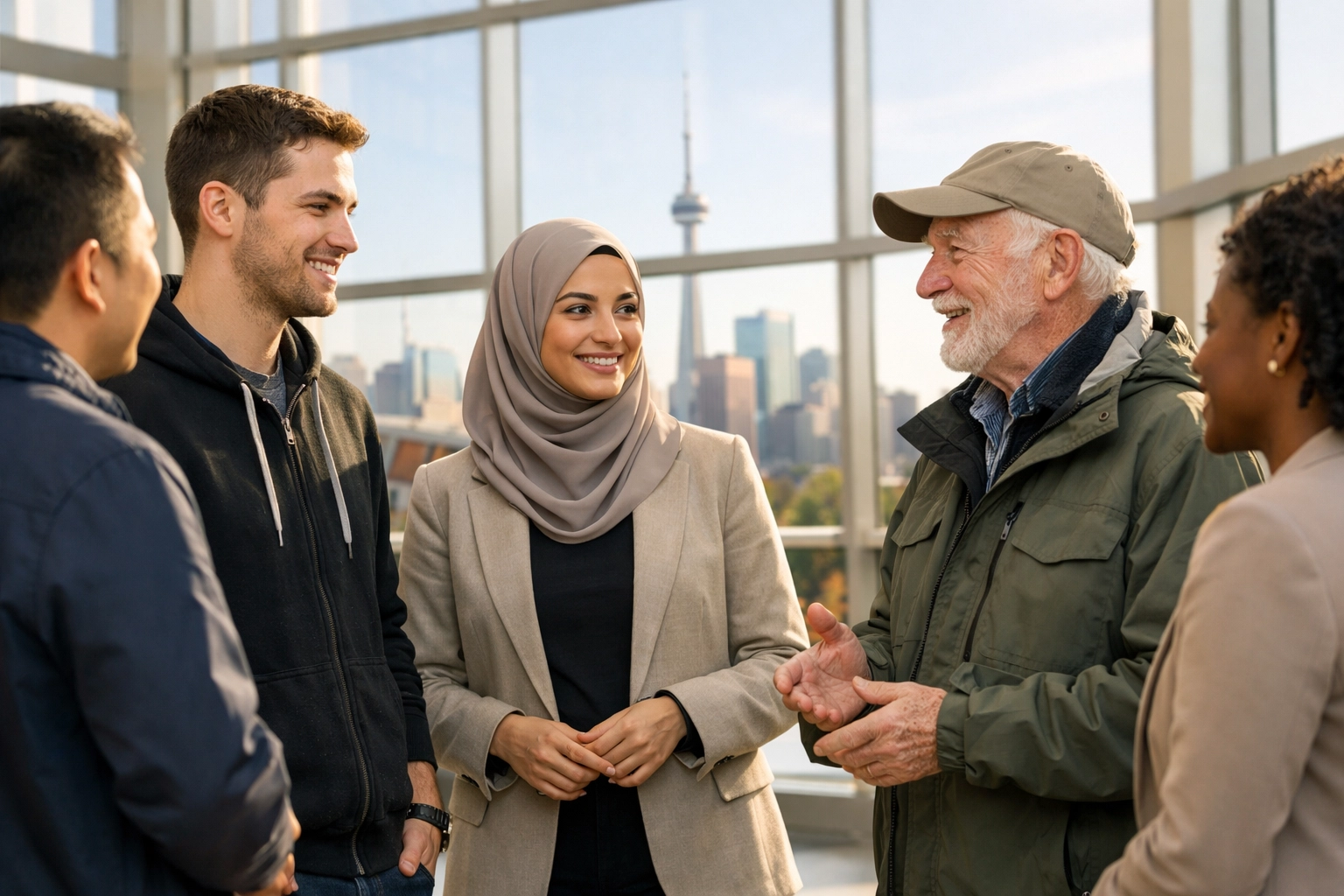 Diverse Canadians engaged in conversation, representing national unity and the political balance of a minority parliament.