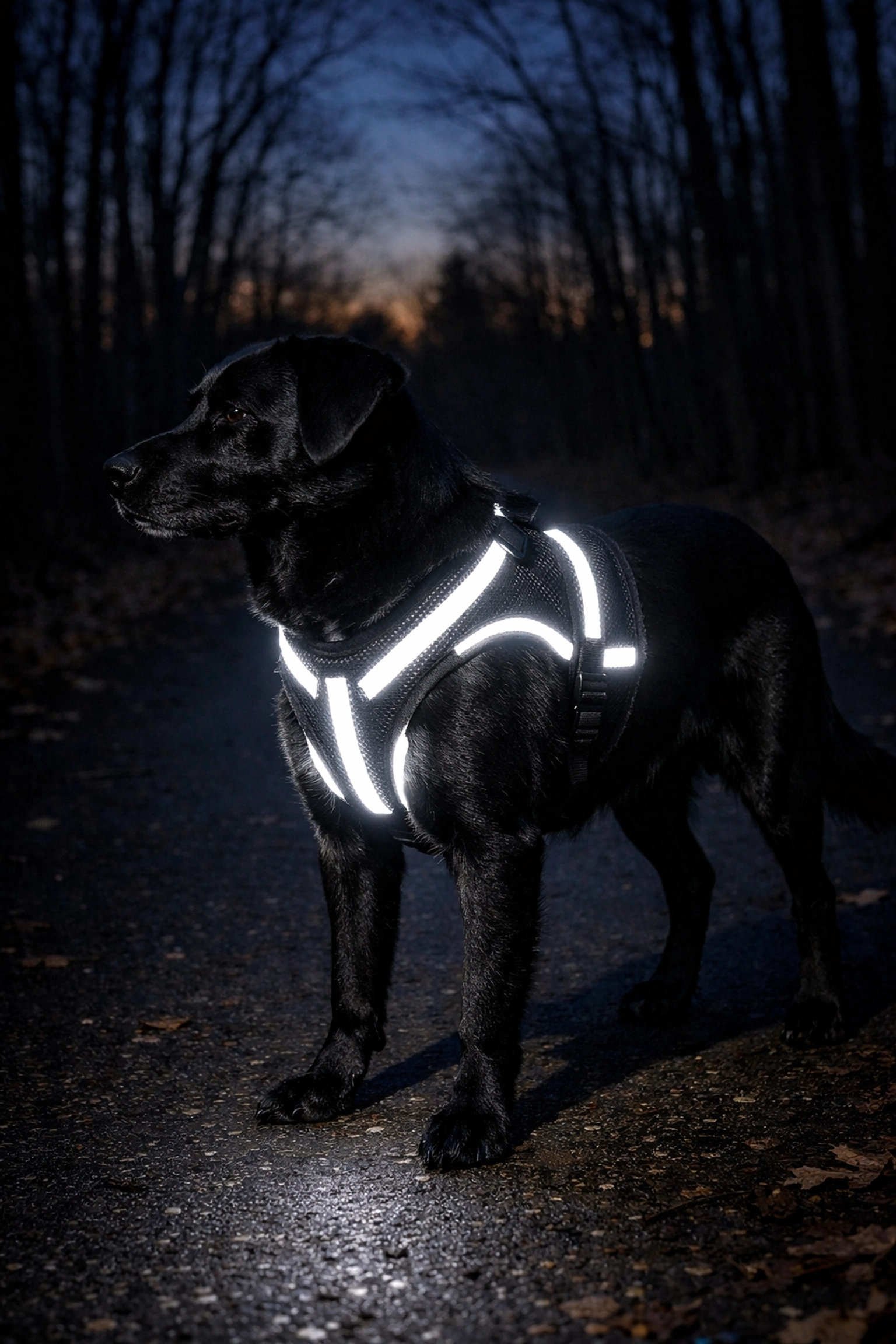 Dog wearing bright LED harness on dark Michigan trail at night