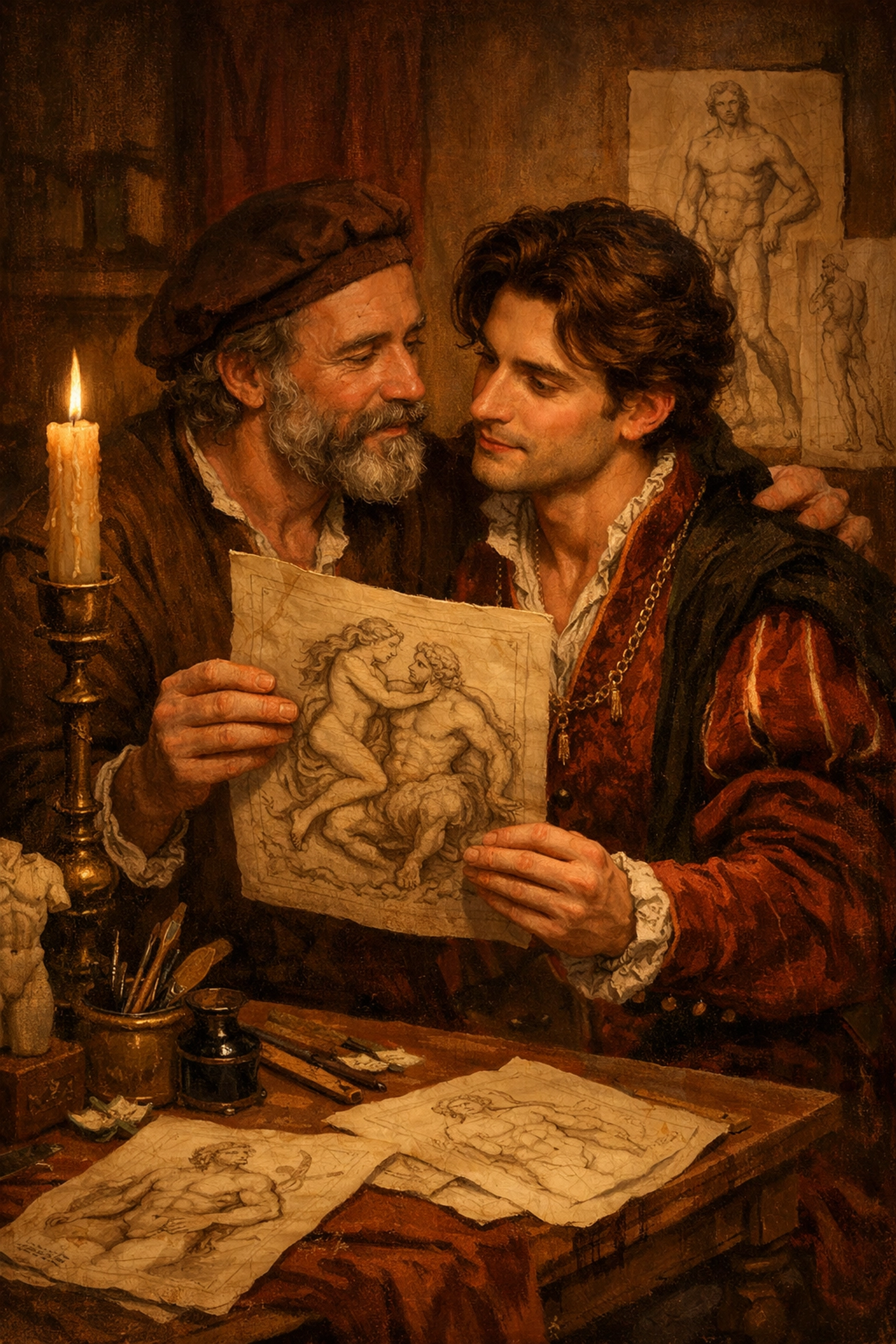 Michelangelo presenting romantic artwork to Tommaso dei Cavalieri in intimate studio moment
