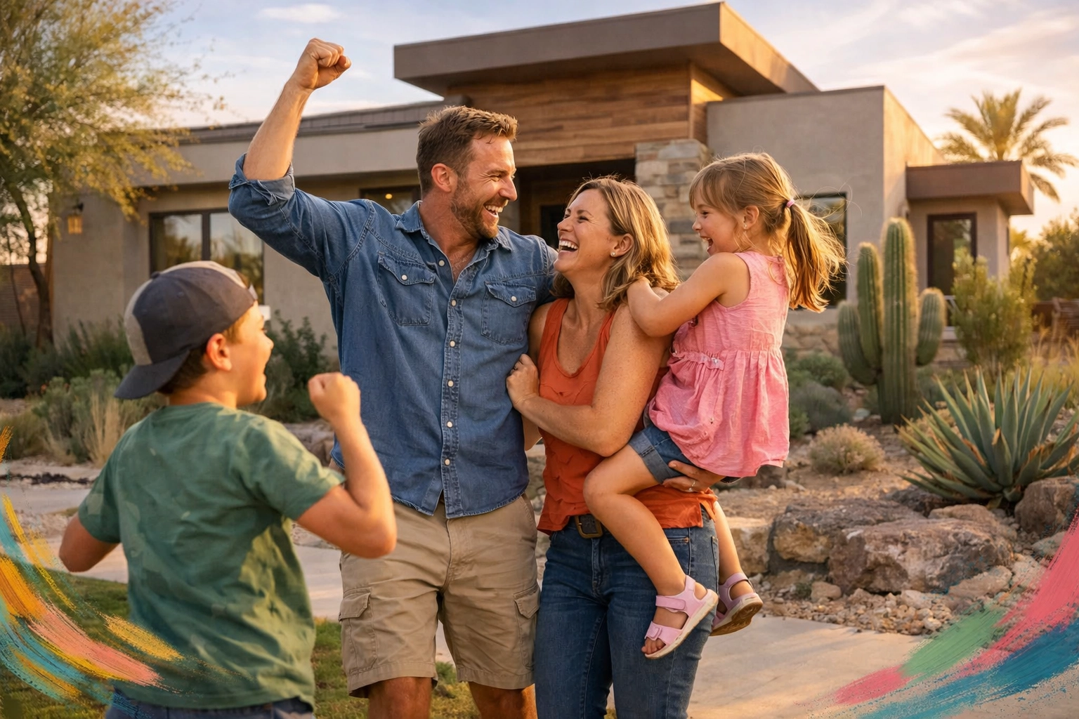 Family celebrating sold home in Arizona suburb with desert landscaping and modern single-story house