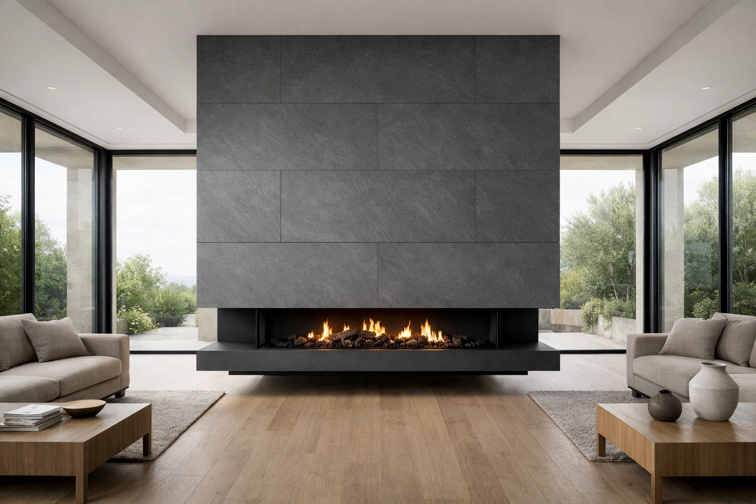 Salon moderne avec une cheminée revêtue de pierre naturelle flexible ignifuge gris ardoise.