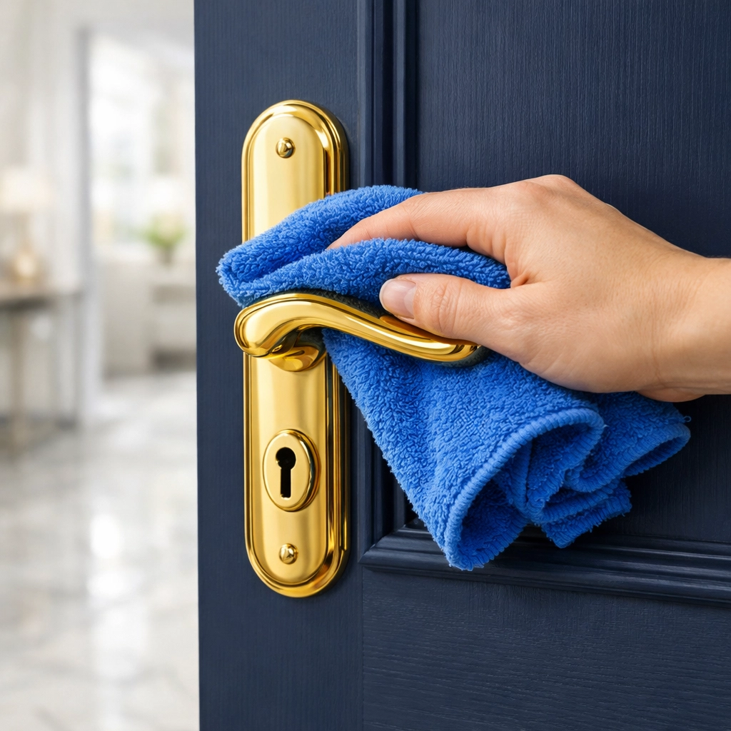 Hand cleaning a gold doorknob with a microfiber cloth to remove bacteria and restore shine.