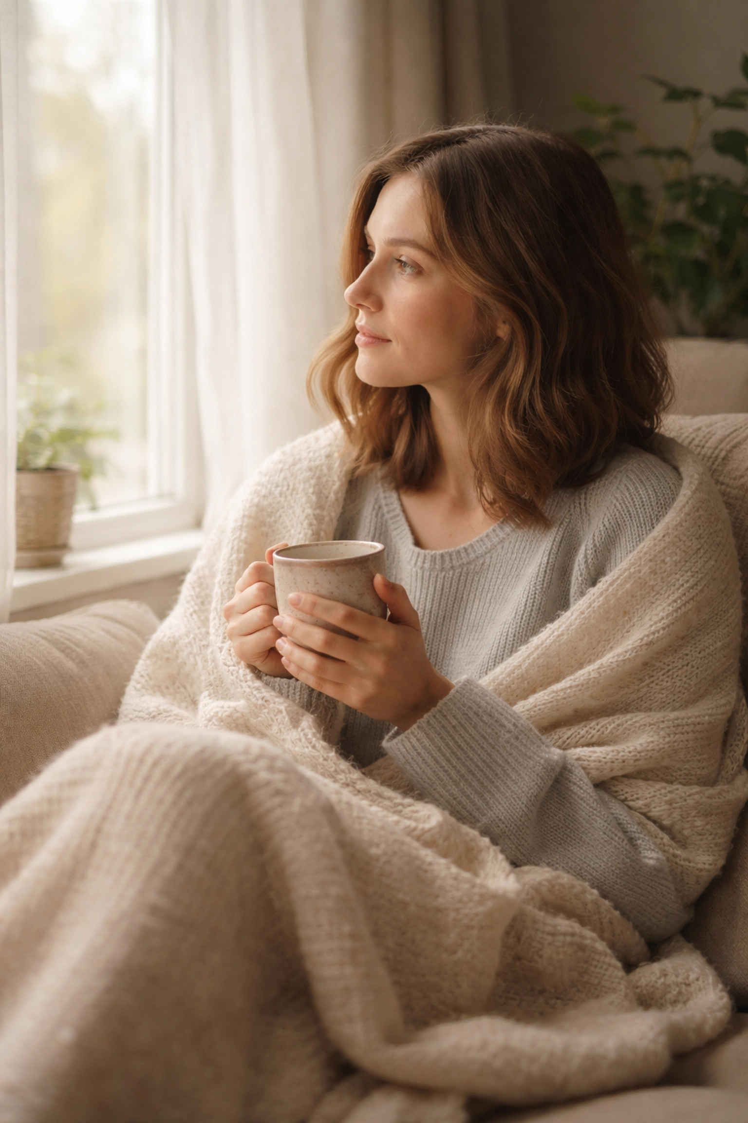 A person sits by a window with a warm drink, reflecting on mental health and depression symptoms for self-check-in in York and Durham region.