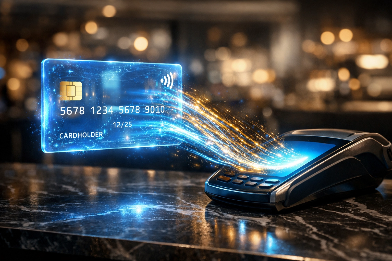 Holographic payment card illustrating instant crypto transaction settlement and Web3 shopping.
