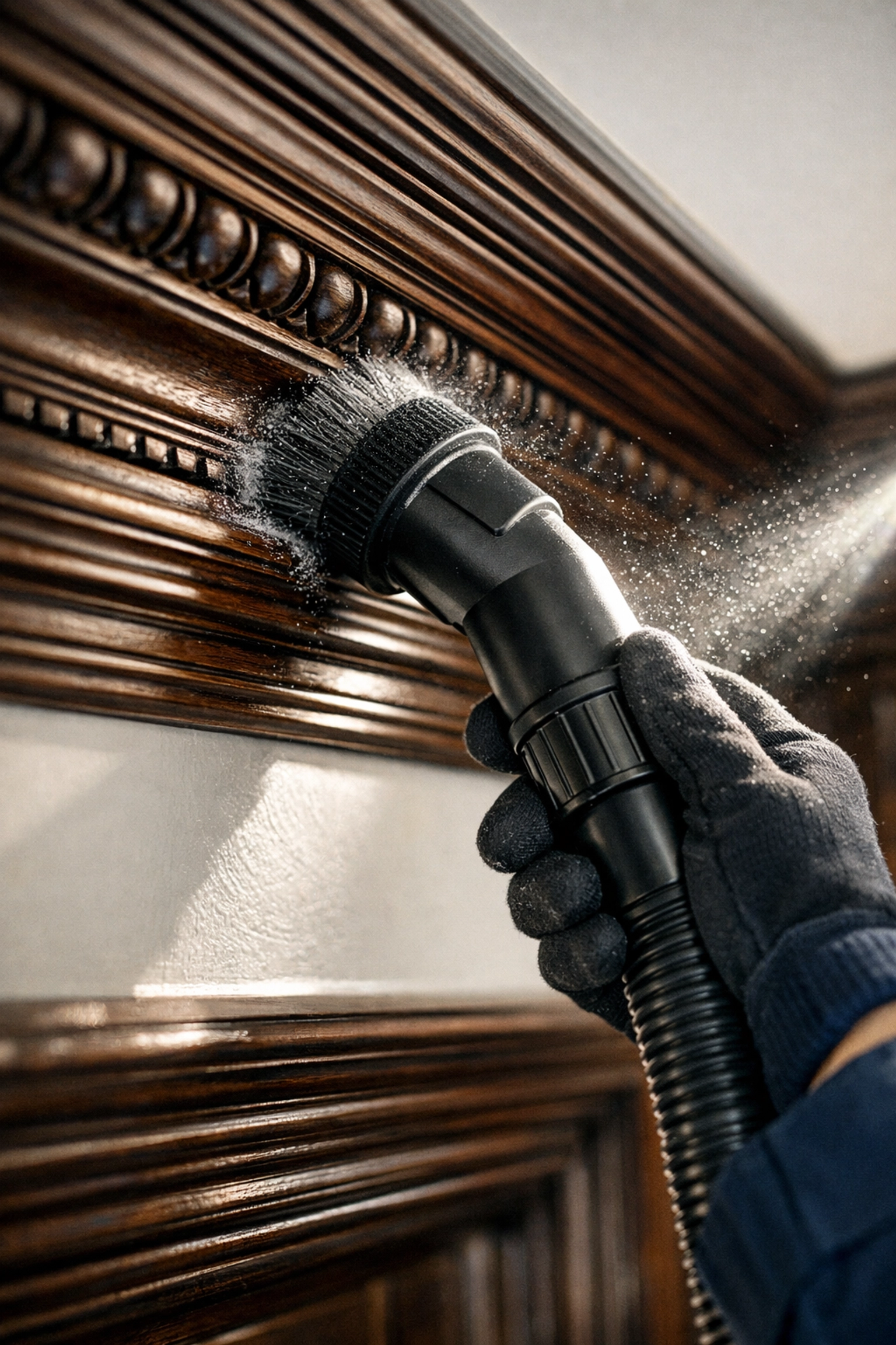 Professional post-construction cleaning in Boston removing fine drywall dust from intricate wood crown molding.