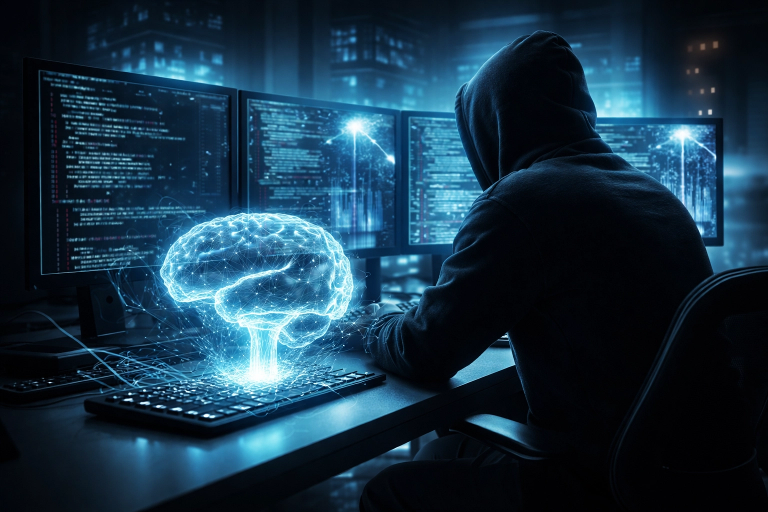 Hacker silhouette at computer with AI brain hologram, symbolizing AI-powered ransomware threats to business security