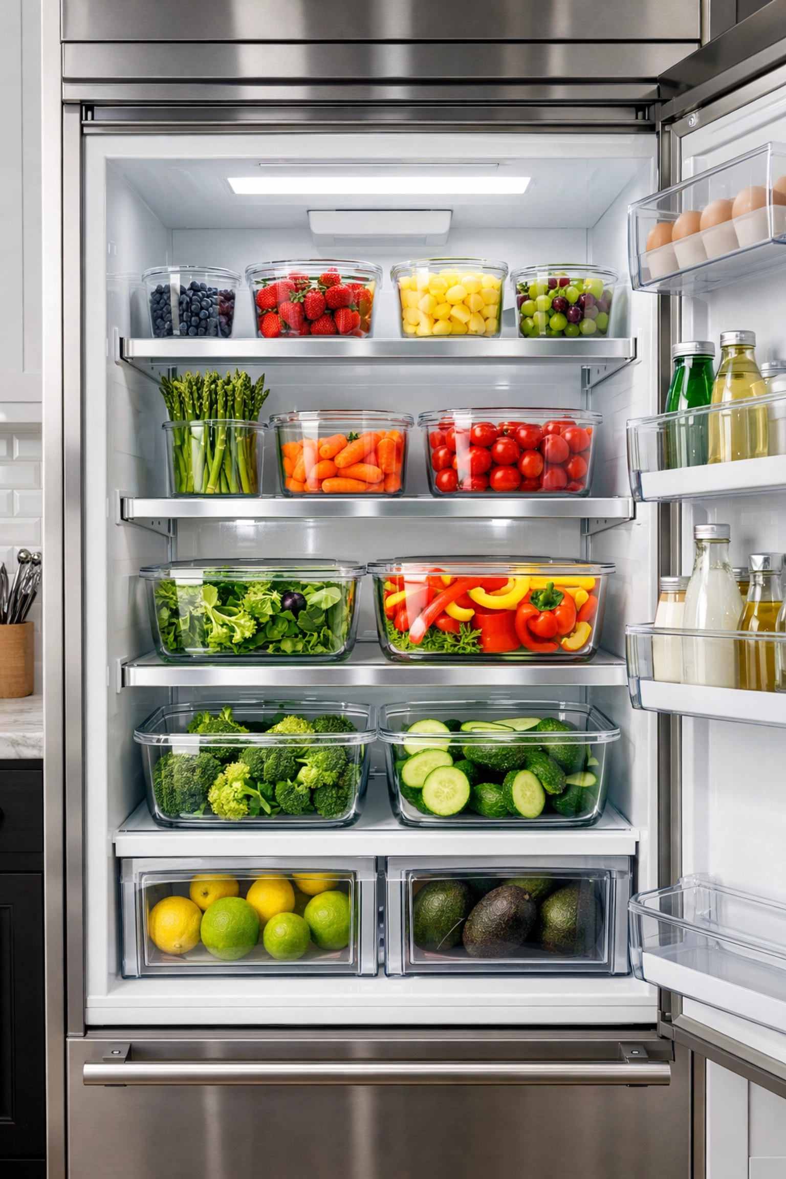 A sparkling clean and organized refrigerator after a deep Worcester house cleaning using green methods.