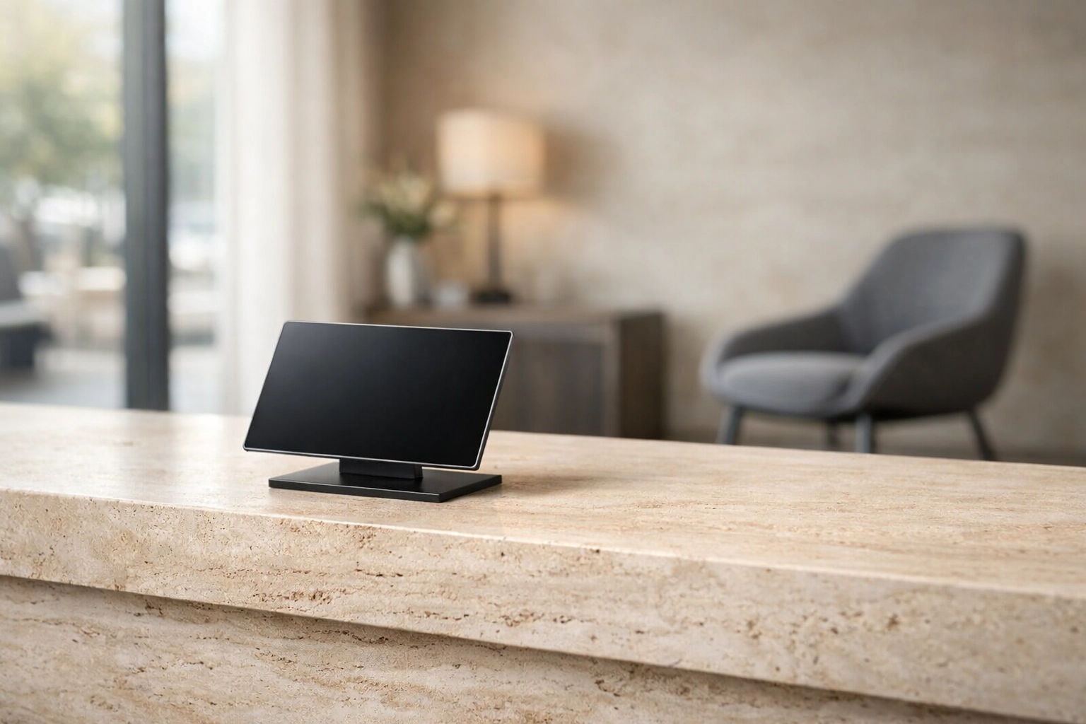 Minimalist hotel reception desk using a cloud-native PMS on a wireless tablet.