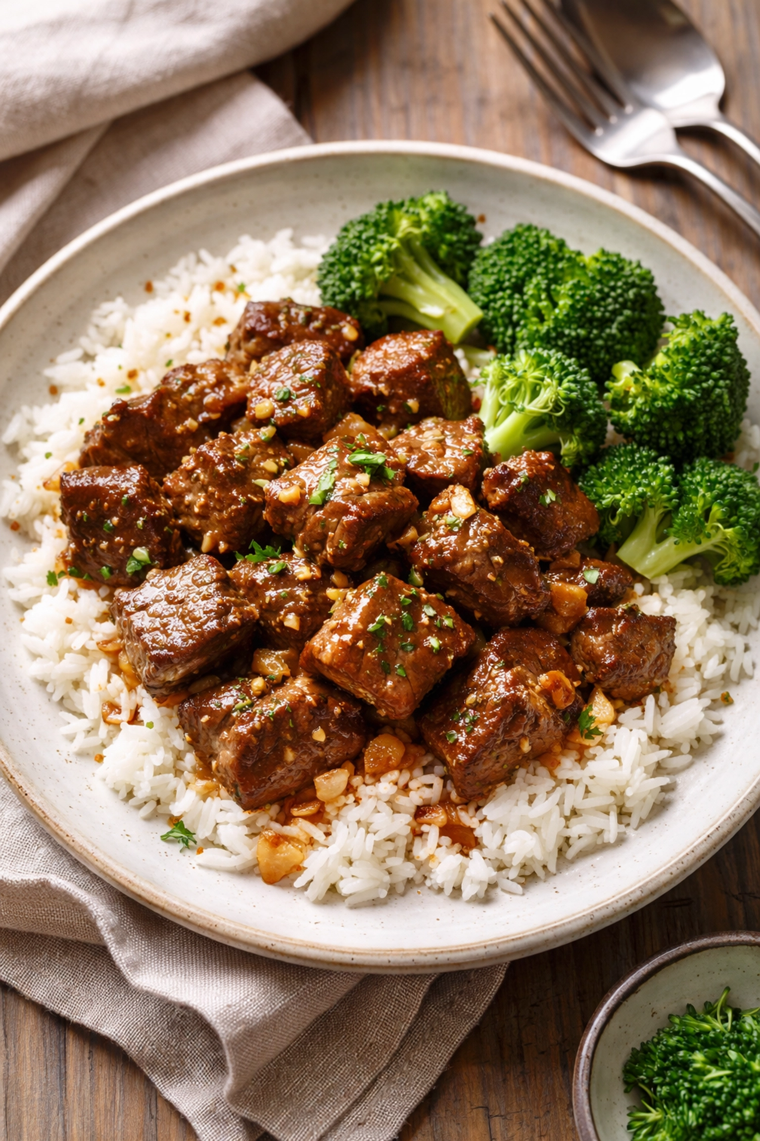 Quick 5-Ingredient Garlic Butter Steak Bites Garlic butter steak bites served over white rice with broccoli, an easy and satisfying family dinner.