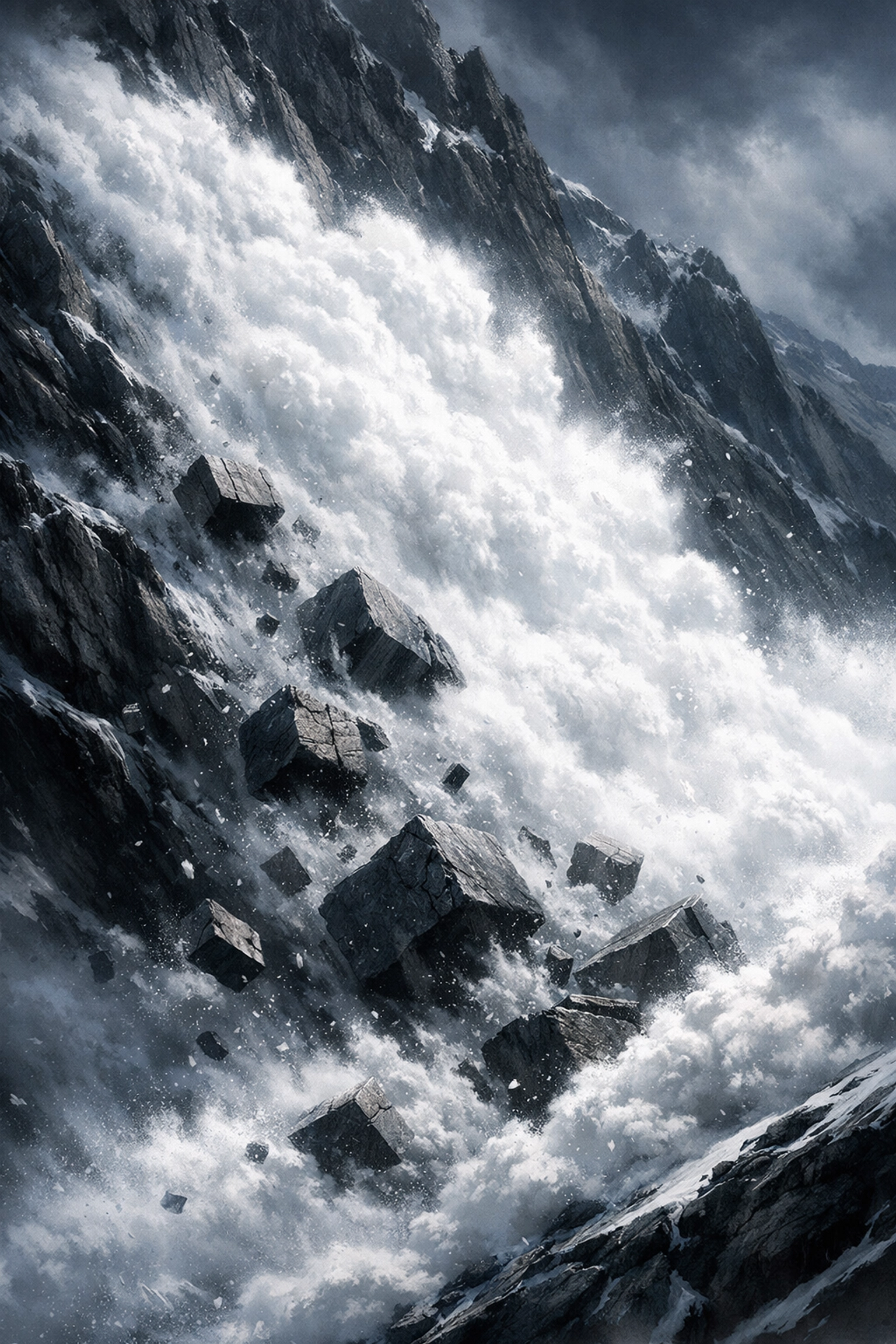 A powerful snow avalanche clearing heavy stone blocks, symbolizing the debt avalanche repayment strategy.