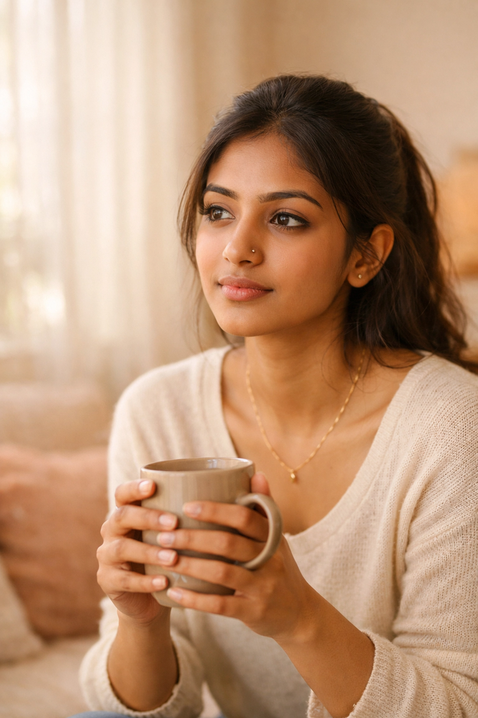 A reflective young Indian woman considering the impact of skin donation awareness and healing others.