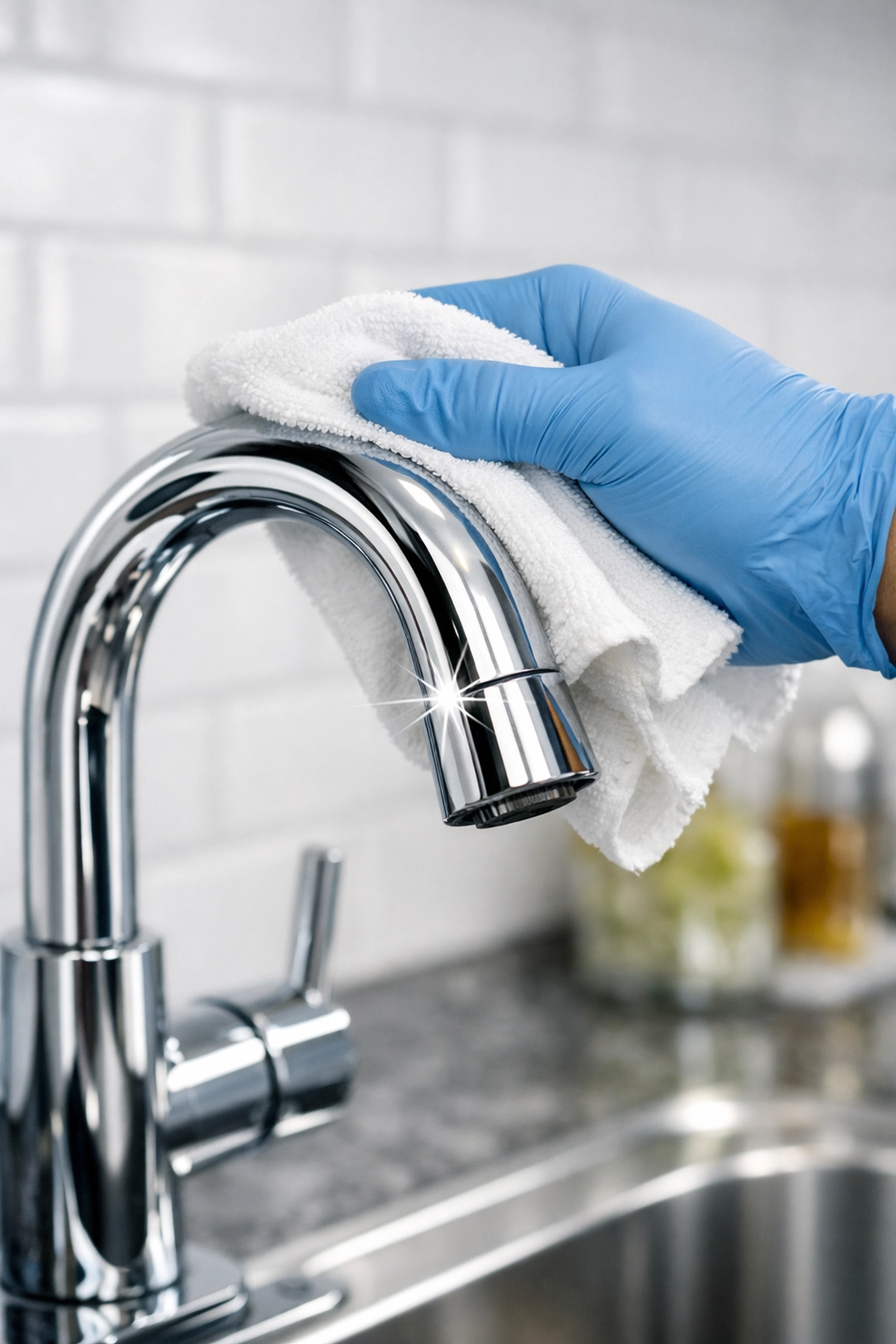 Professional cleaning crew polishing a kitchen faucet for an apartment make-ready service.