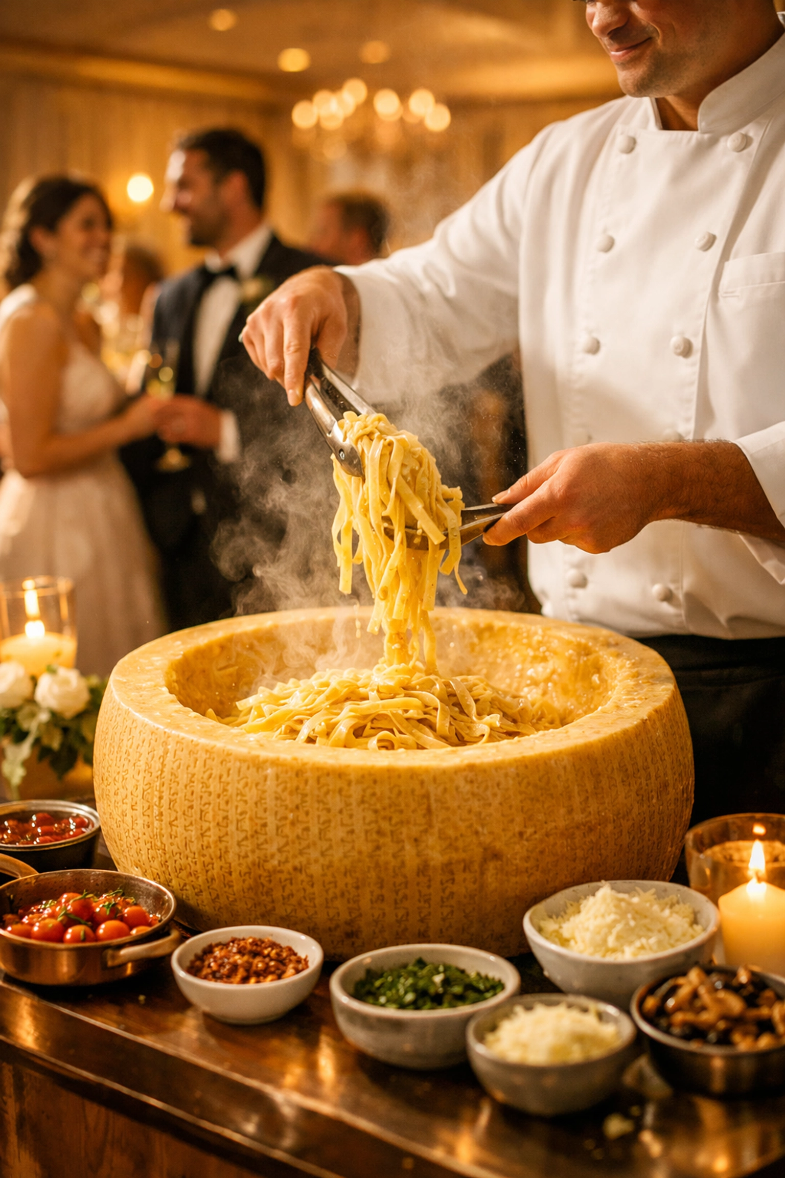 Chef preparing fresh pasta in a Parmesan cheese wheel at an interactive South Jersey wedding catering station.