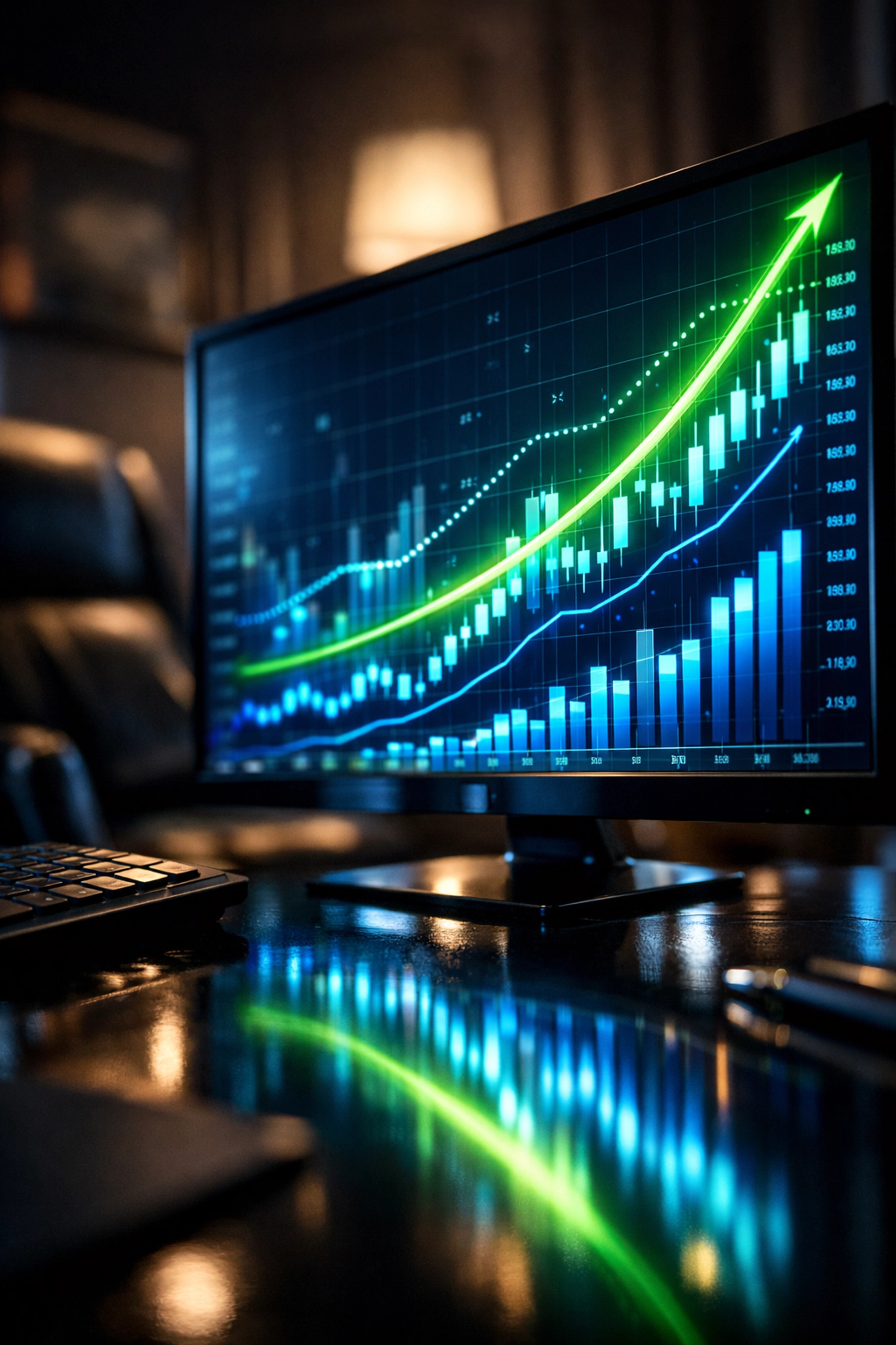 Digital marketing analytics monitor showing financial charts and ROI growth for sports marketing campaigns.