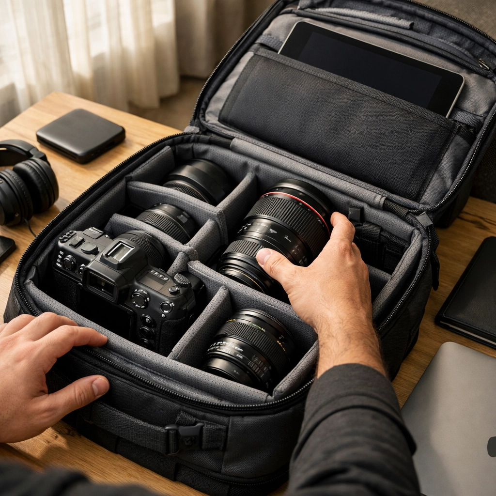 Travel photographer organizing high-end photography gear into a professional bag for destination shoots.