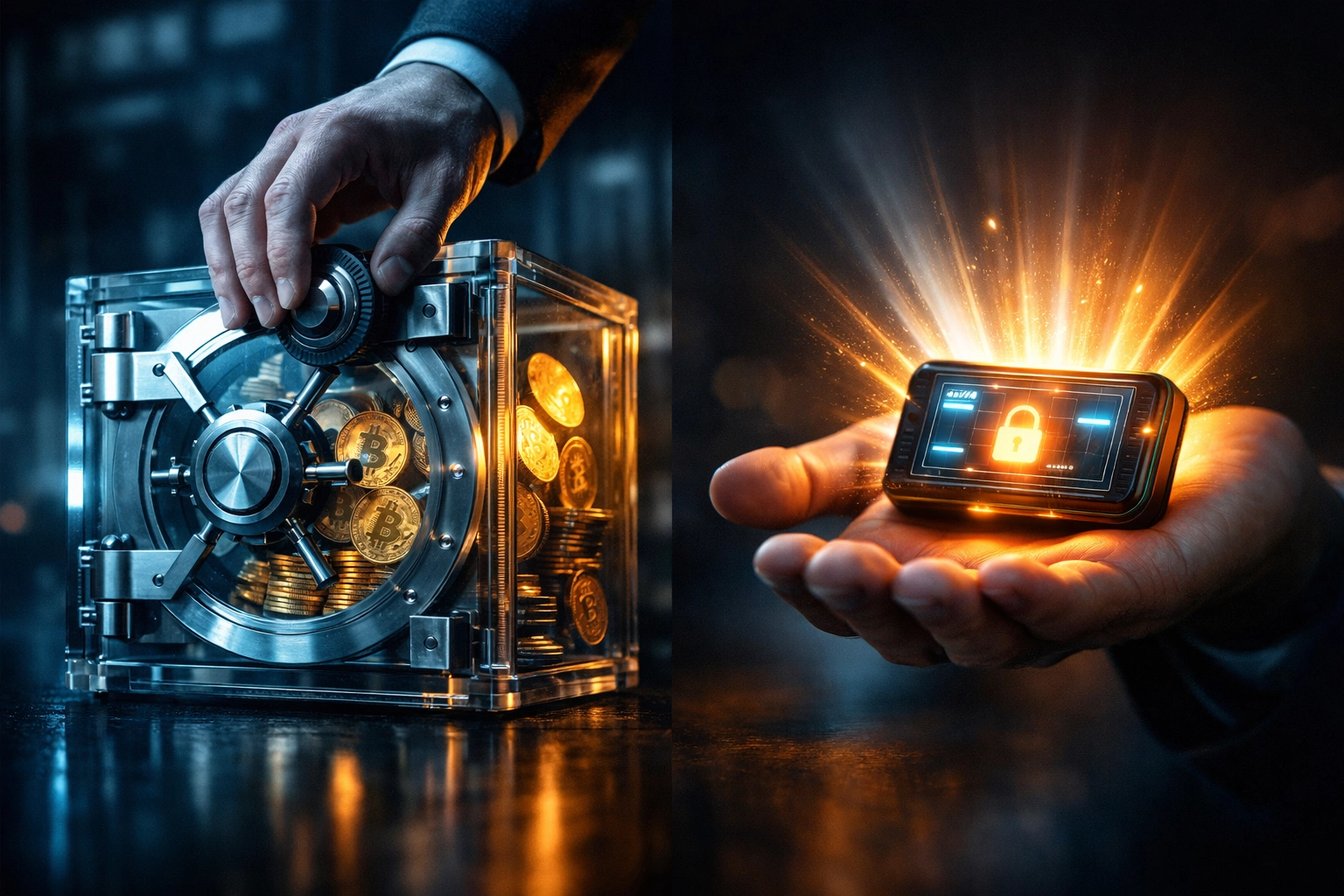 Custodial vault versus self-custody crypto wallet showing merchant payment control differences