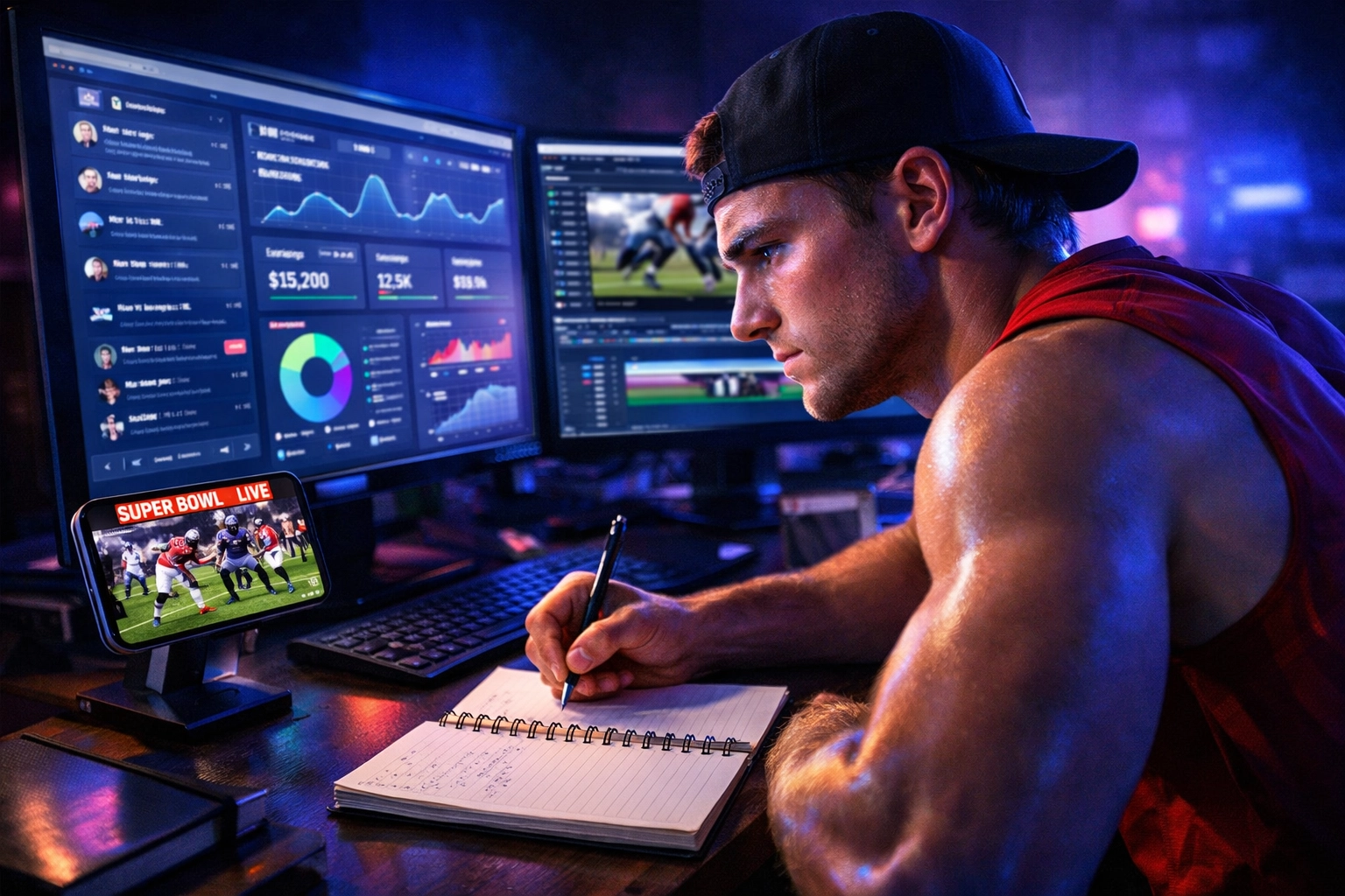 College athlete analyzing Super Bowl social media analytics and NIL marketing performance