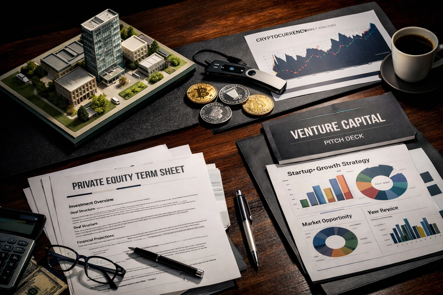 Diversified alternative investment portfolio featuring real estate, crypto, and private equity assets