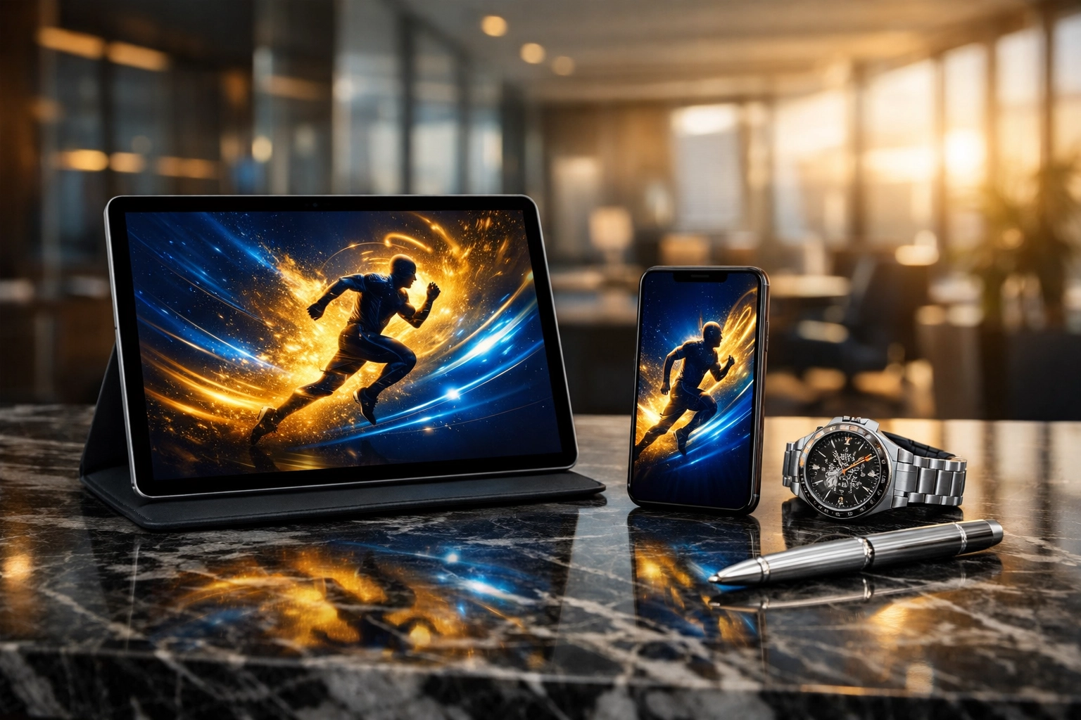 Executive desk with digital tablet showing sports marketing graphics for a corporate Super Bowl branding campaign.