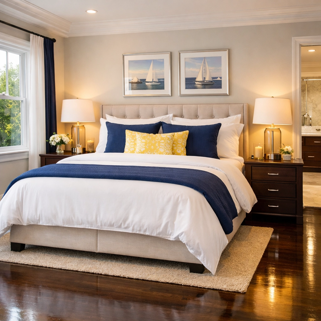 Clean and serene master bedroom with polished floors by professional cleaners MA for spring.