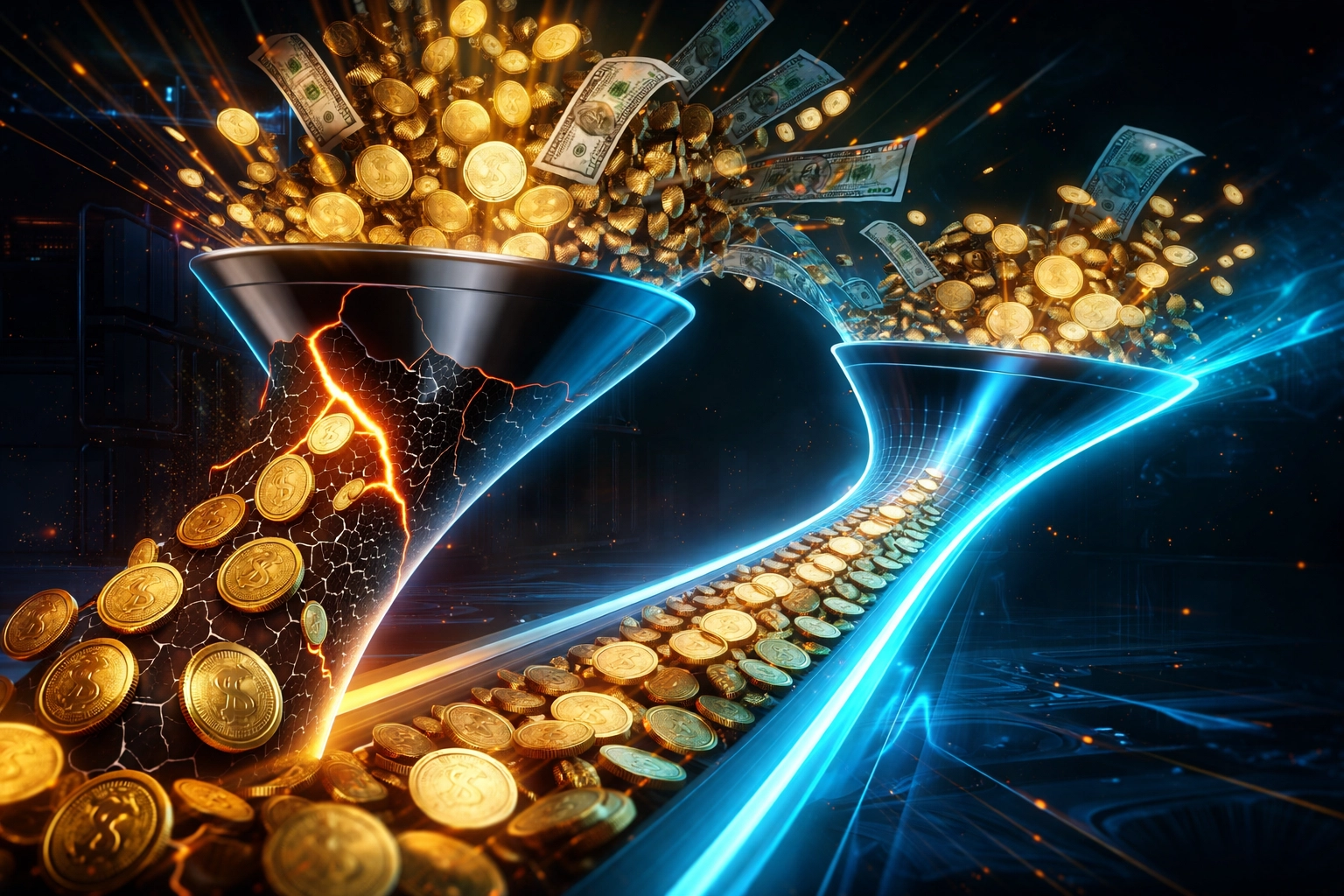 Golden coins and dollar bills travel through a digital path, highlighting LUSD crypto payment fee savings for merchants.