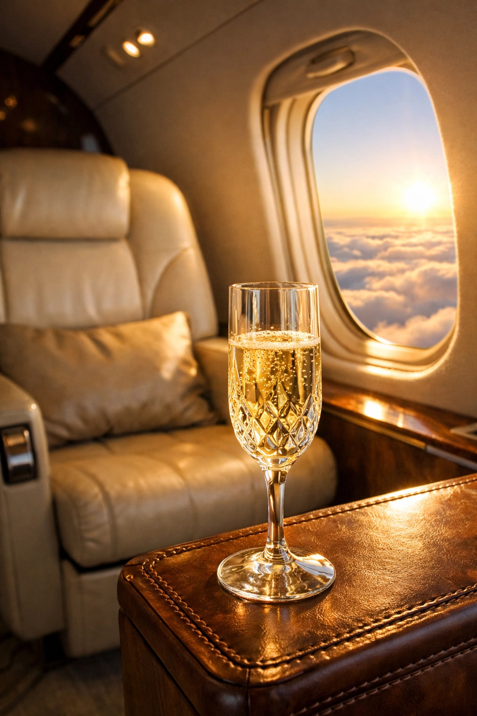 Luxury private jet cabin interior with champagne and executive seating cruising above the clouds.