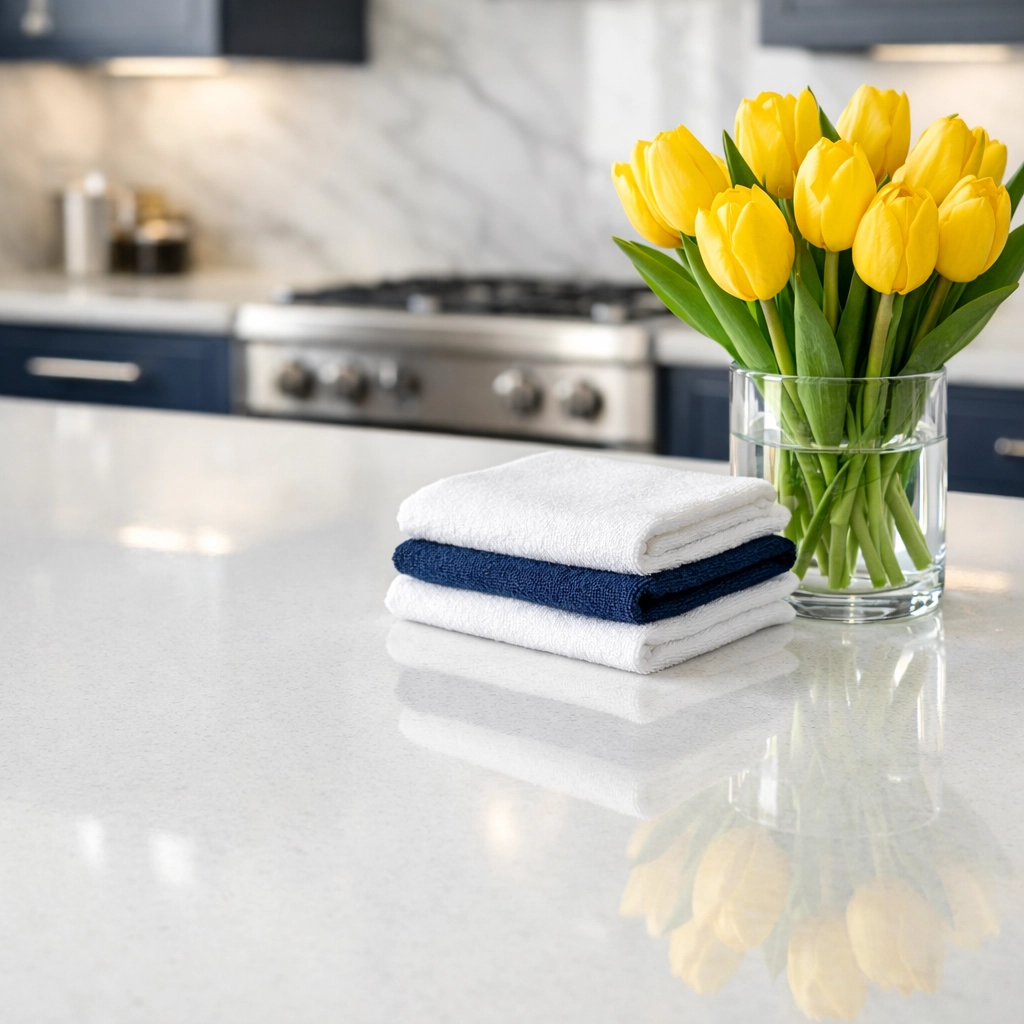 A sparkling white quartz kitchen island and high-end cabinetry after a professional residential cleaning service.